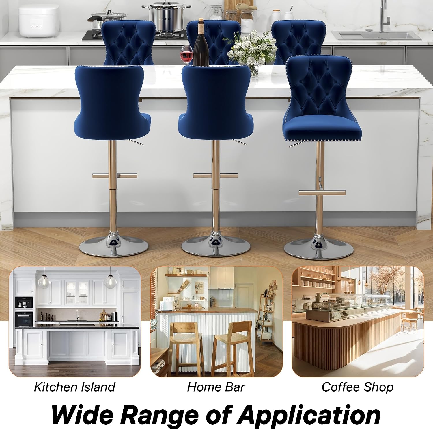 Bar Stools Set of 4, Velvet Swivel Counter Height Stools with Tufted Back, Adjustable Seat with Nailheads Trim, Upholstered Bar Chairs with Steel Base for Kitchen Island, Pub, Blue