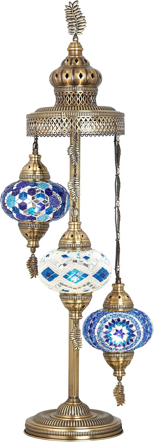DEMMEX Turkish Moroccan Mosaic Floor & Table Lamp – Handmade Boho Tiffany-Style Light with 3 Large 7' Globes, Artisan Decor, 37' (95cm) Tall, Antique Brass Finish, North American Use (Customizable)