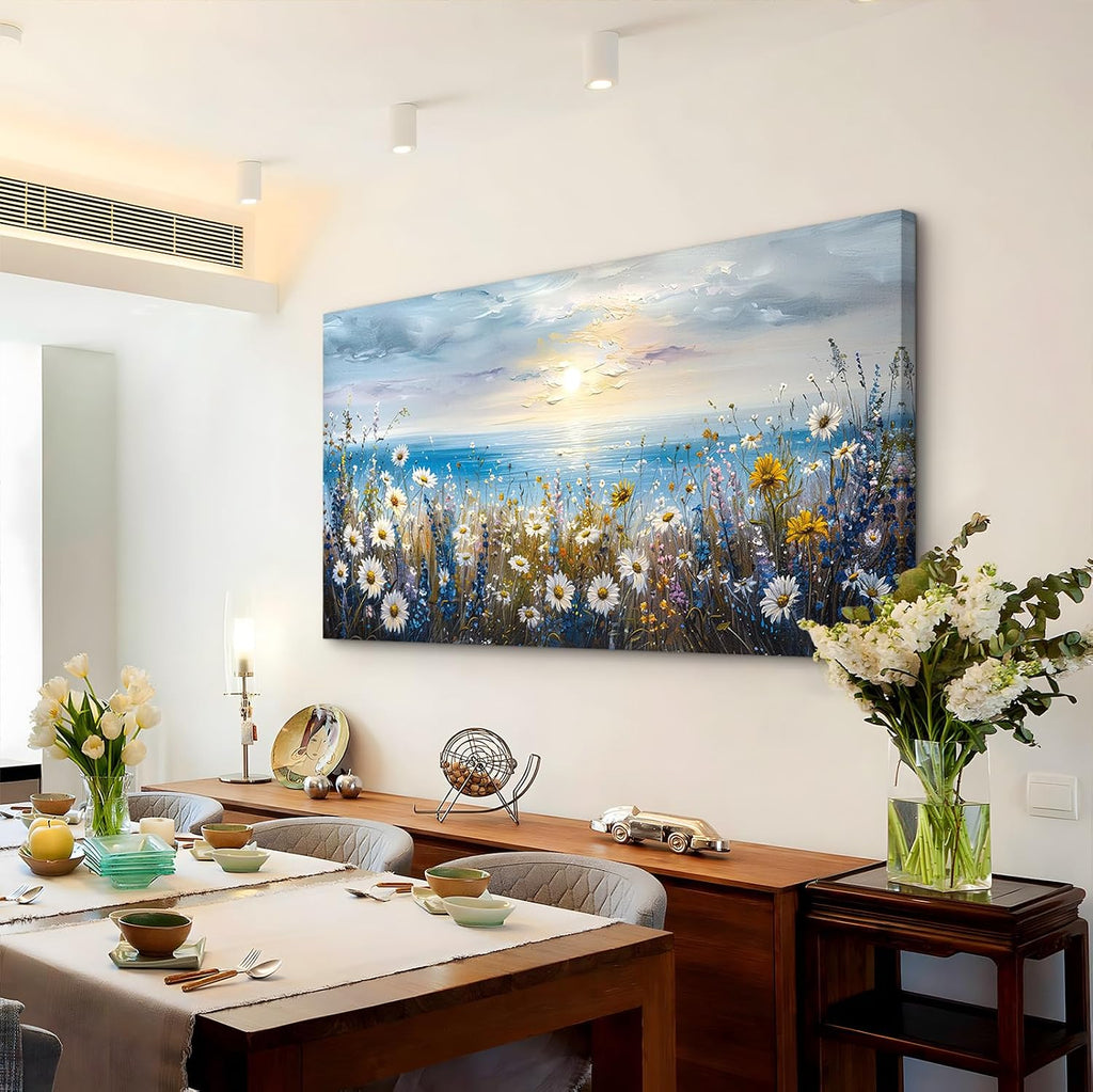 crmotu Beach Wildflower Landscape Wall Art, Seaside Sunset Extra Large Wall Decor, Daisy Floral Botanical Canvas Prints, Modern Rustic House Decorations Living Room Dining Room Farmhouse 29X57 In