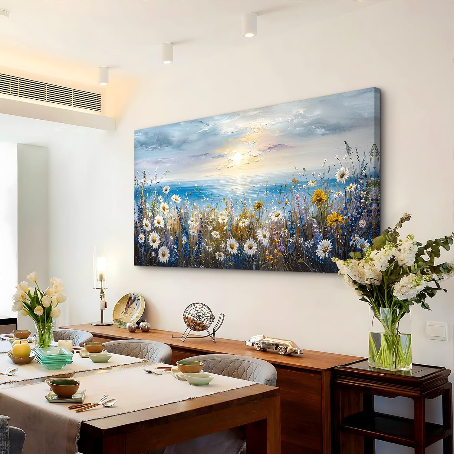 crmotu Beach Wildflower Landscape Wall Art, Seaside Sunset Extra Large Wall Decor, Daisy Floral Botanical Canvas Prints, Modern Rustic House Decorations Living Room Dining Room Farmhouse 29X57 In