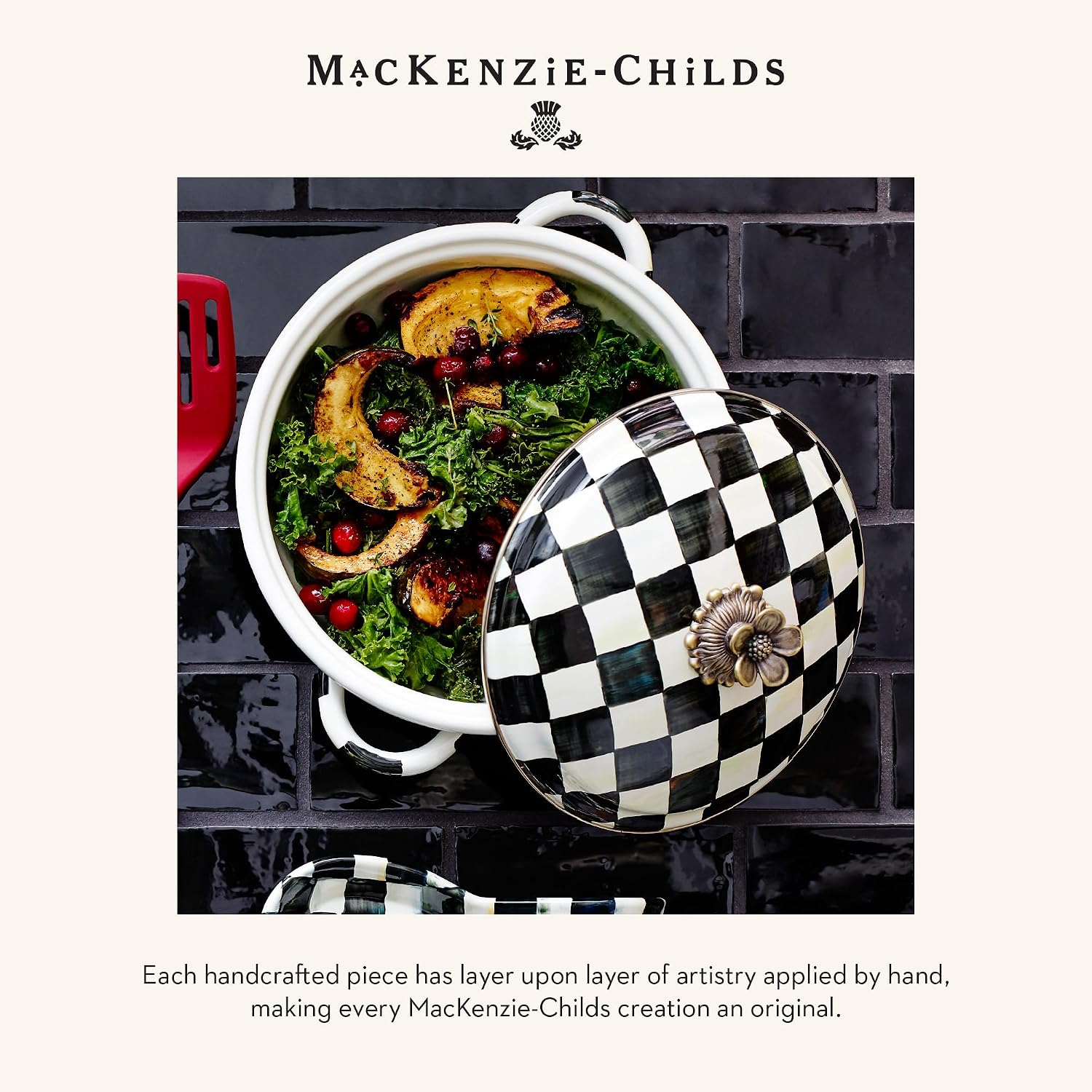 MACKENZIE-CHILDS Enamel Casserbole, Oven Baking Dish with Lid, Medium, Black-and-White Courtly Check