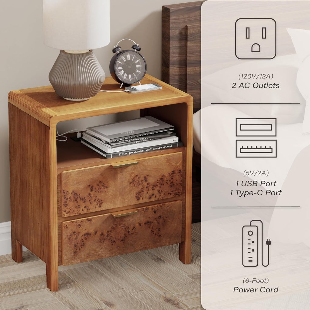 COZAYH Farmhouse Nightstand with Charging Station, Wood Side Table with Power Outlet and USB & Type C Ports, Burl Finish Bedside Table for Bedroom, Fully Assembled, Rustic, Brown