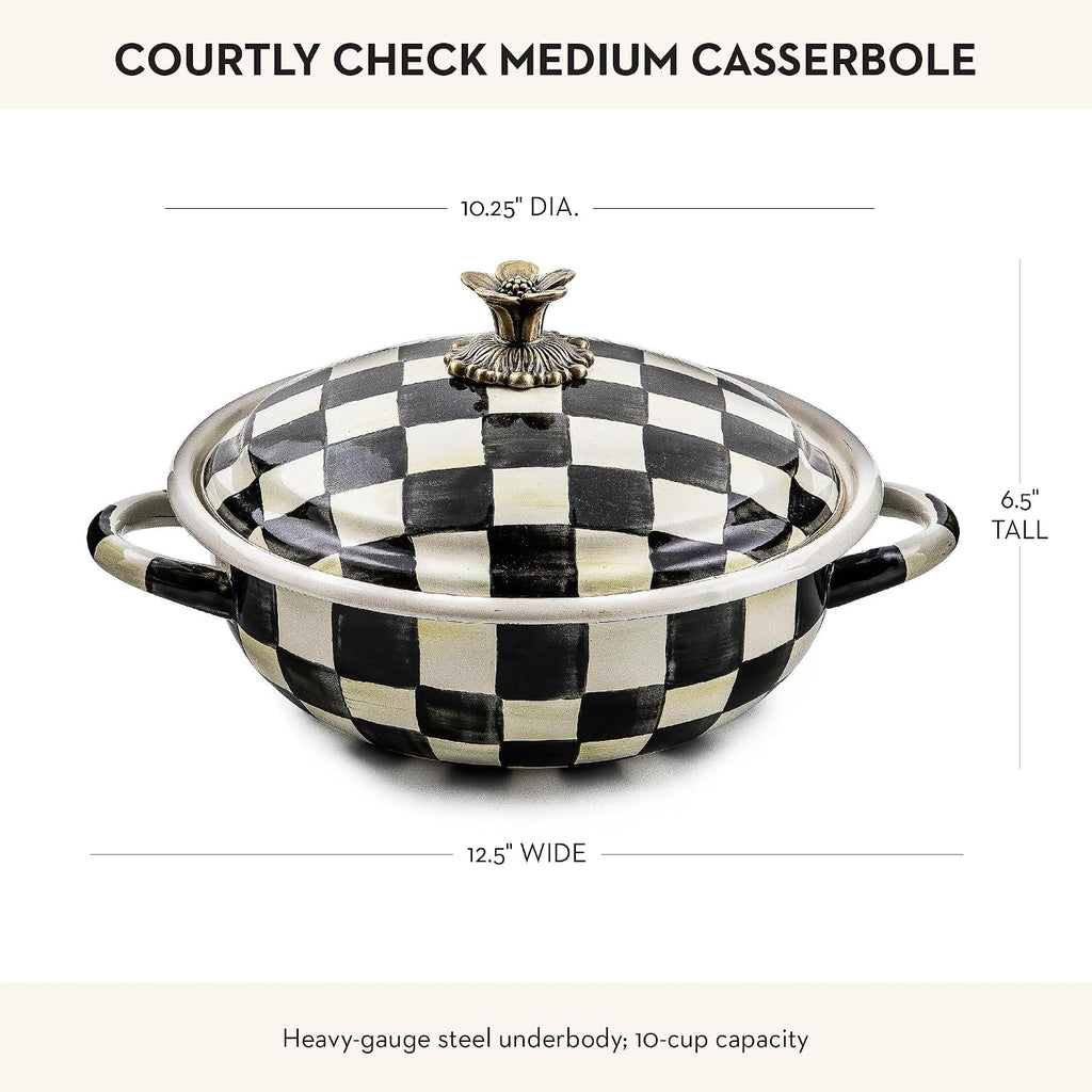 MACKENZIE-CHILDS Enamel Casserbole, Oven Baking Dish with Lid, Medium, Black-and-White Courtly Check