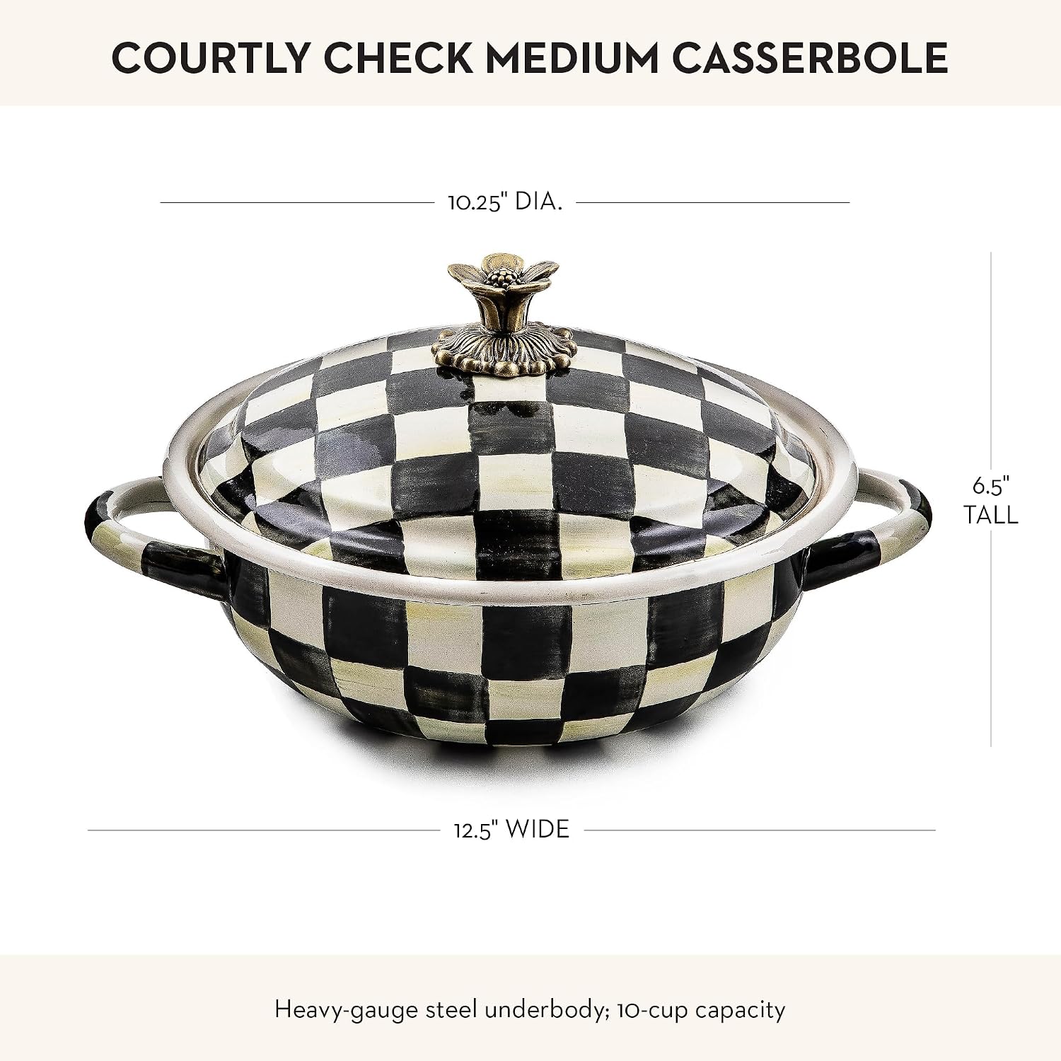 MACKENZIE-CHILDS Enamel Casserbole, Oven Baking Dish with Lid, Medium, Black-and-White Courtly Check