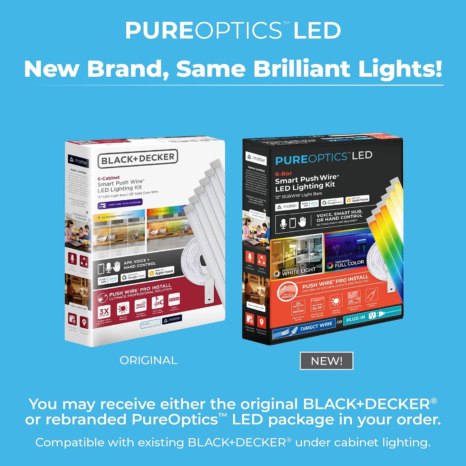 PureOptics LED Professional Push Wire® Matter Certified Smart Under Cabinet Lighting Kit, Adjustable White and RGB LEDs, Works with Alexa, Apple Home, Google Home, (6) 12' Bars