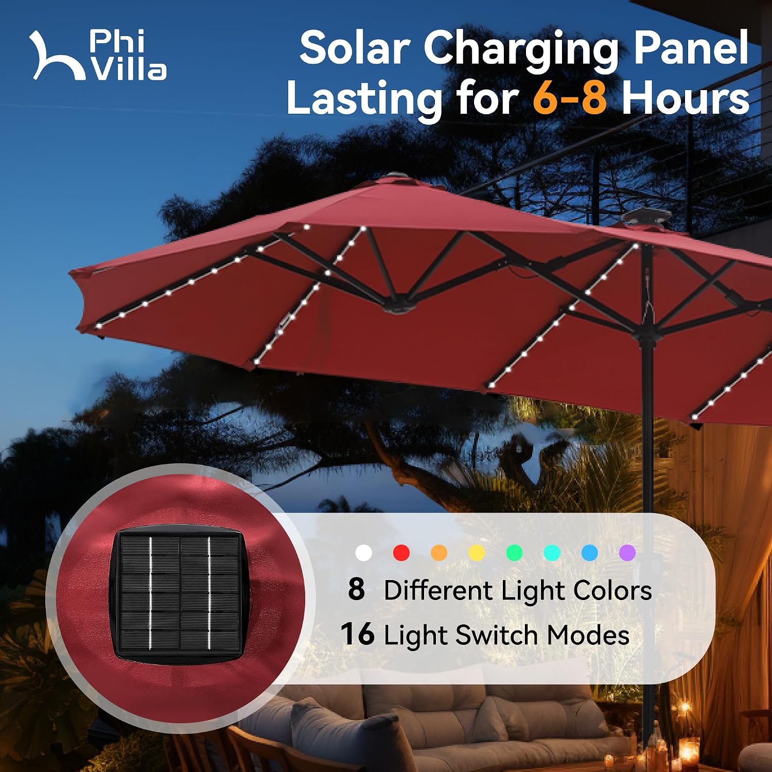 PHI VILLA 13ft Patio Umbrella with Solar-Powered 120 PCS LED Color-Changing Lights, Triple-Head Large Rectangle Umbrella Outdoor Patio for Table with Crank Lift,Dark Red(No Base)