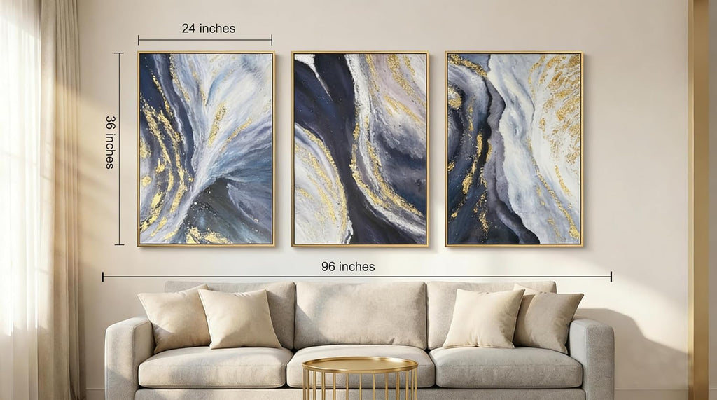 3 Piece Abstract Wall Art for Living Room, Blue and Gold Fluid Art Canvas Painting with Gold Frame for Office, Modern Luxury Wall Decor for Bedroom Ready to Hang 72x36 inches