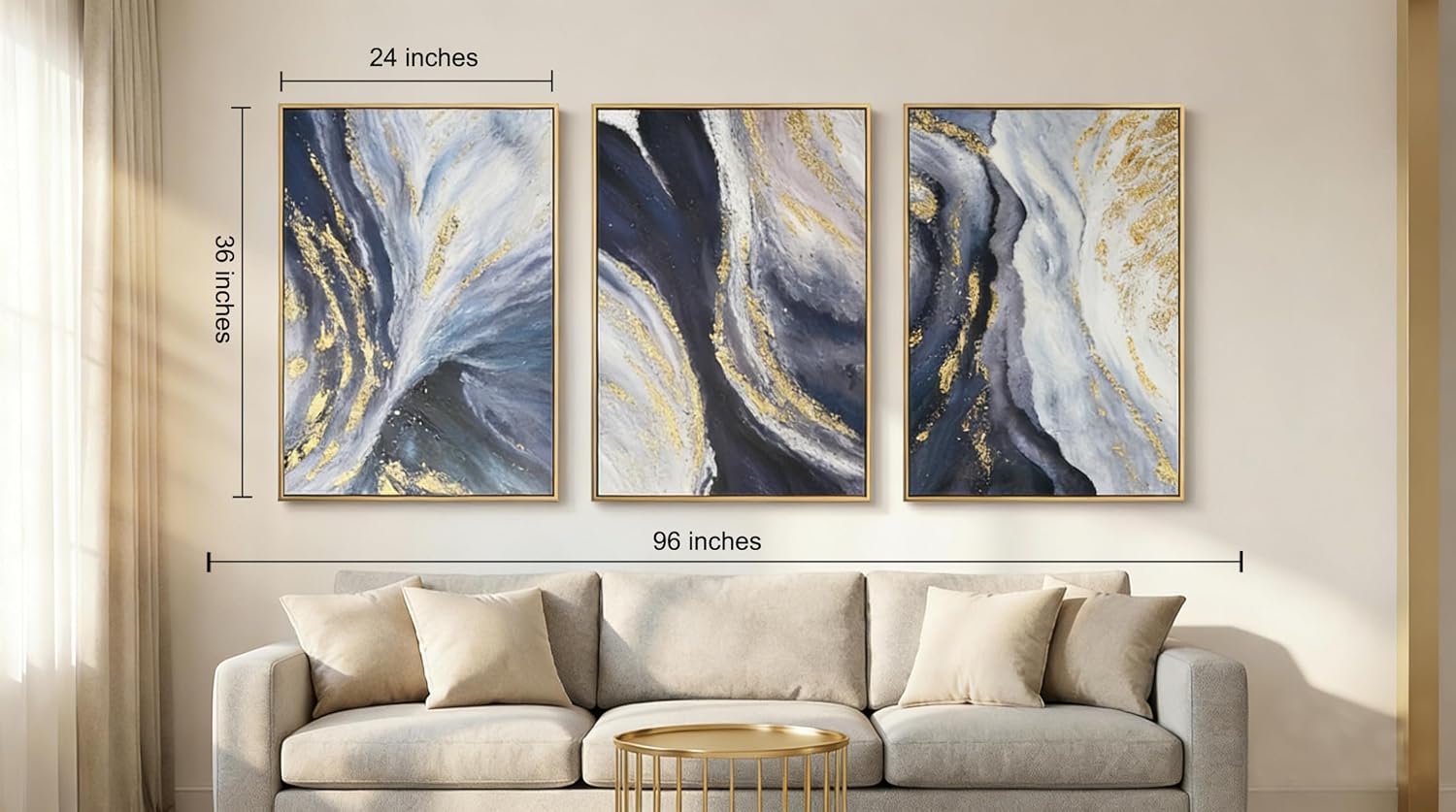 3 Piece Abstract Wall Art for Living Room, Blue and Gold Fluid Art Canvas Painting with Gold Frame for Office, Modern Luxury Wall Decor for Bedroom Ready to Hang 72x36 inches
