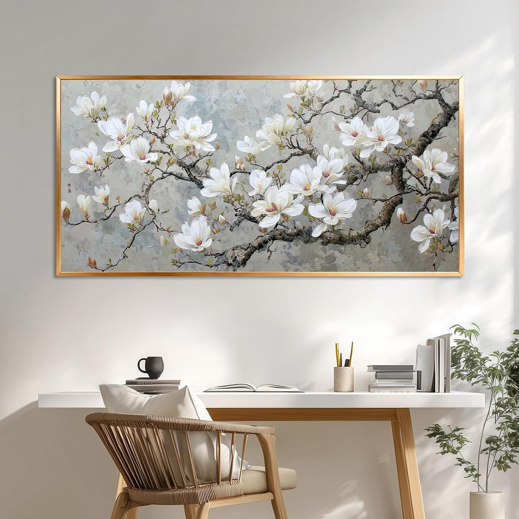 BewDalky Black Metal Framed Wall Art Flower Tree Canvas Print White Magnolia Blossom Picture Nature Landscape Painting Floral Artwork for Living Room Bedroom Home Office Farmhouse Decor 24' x 46'