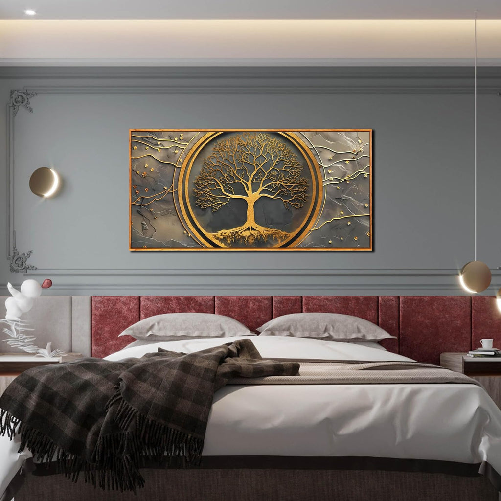 Tree Pictures Wall Art for Living Room - Gold Modern Wall Decor Office - Wooden Framed Wall Art Size 29' x 59'