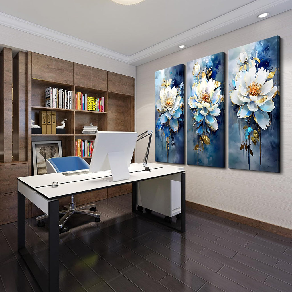 AJAZIKO Navy Blue Wall Art - Modern Abstract Flower Canvas Art - 3 Piece Set - 20x40IN - For Living Room & Bedroom