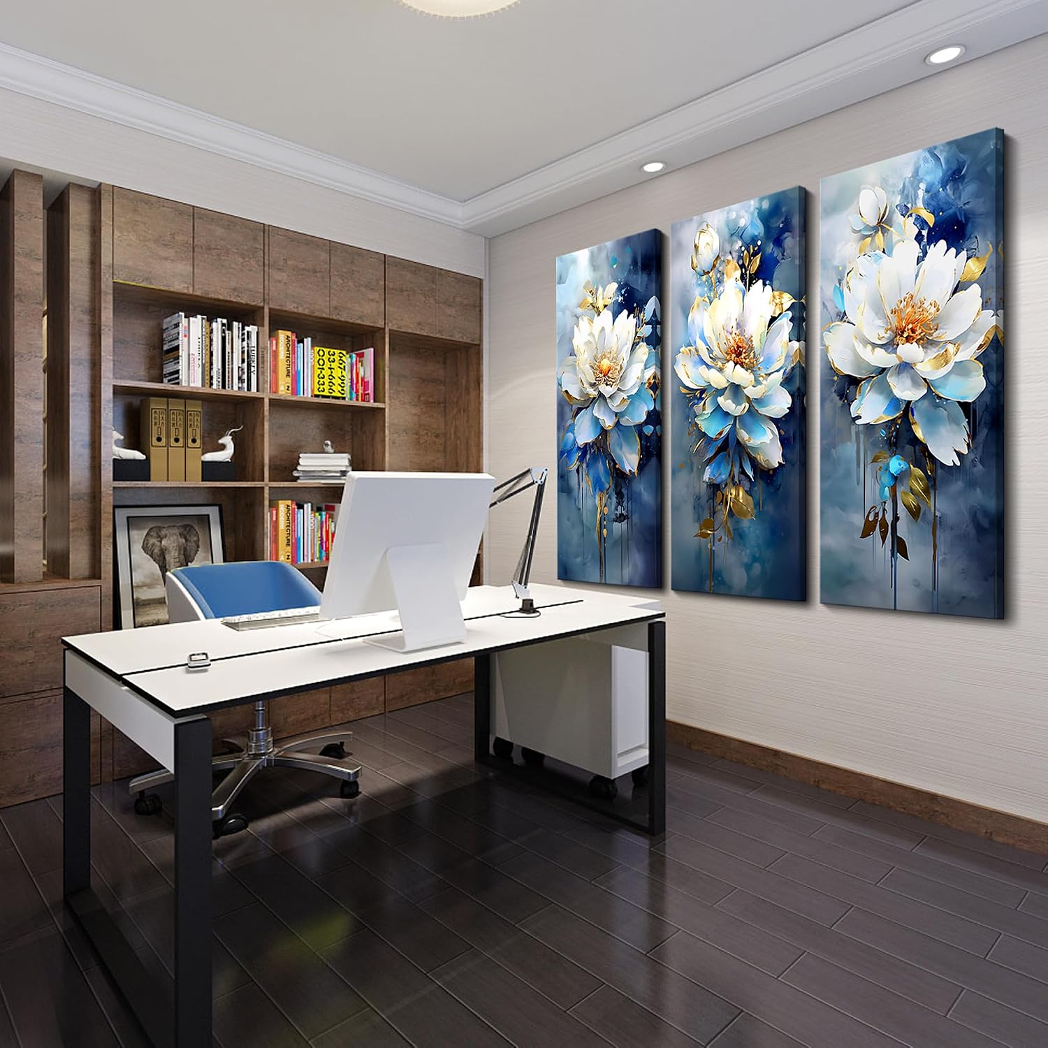 AJAZIKO Navy Blue Wall Art - Modern Abstract Flower Canvas Art - 3 Piece Set - 20x40IN - For Living Room & Bedroom