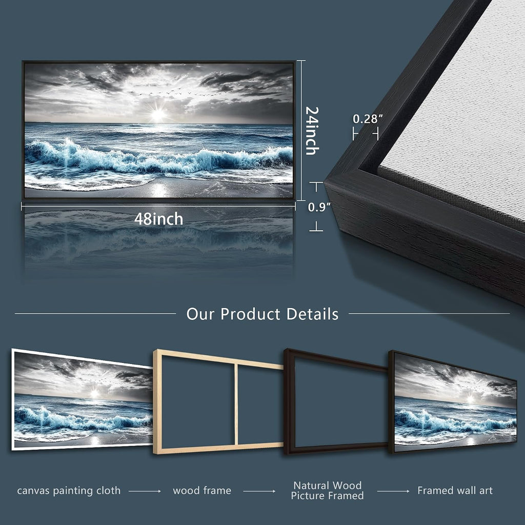 KELIYUAN Large Canvas Wall Decor For Living Room Wall Art For Bedroom Office Wall Decorations Black Frame Beach Wave Scenery Pictures Artwork For Modern Stretched and Framed Beach Posters 24'X48'
