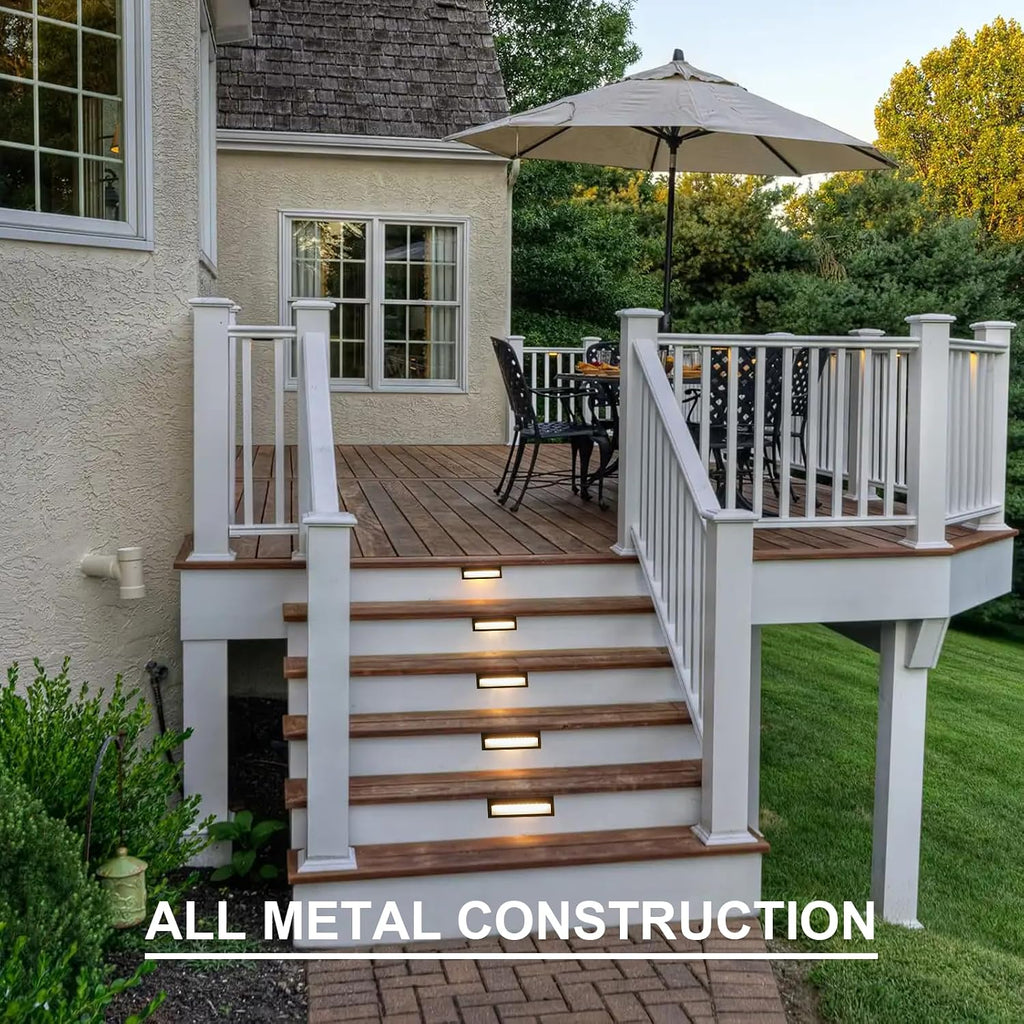 GOODSMANN Low Voltage Step Lights Kits 10.6 Inch Outdoor 12V AC Landscape Stair Lights Wired 8PK 6W LED Electric Outdoor Deck Lighting Black Metal 122 Lumens 3000K Warm White with Cable Connectors