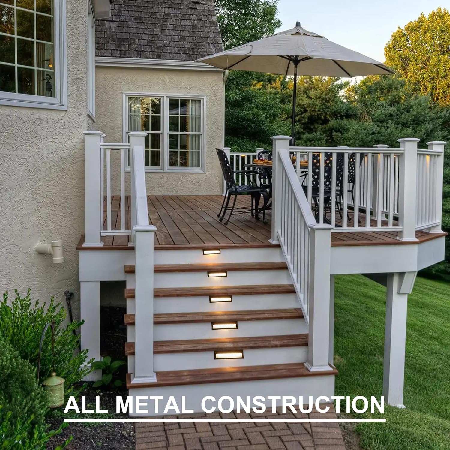 GOODSMANN Low Voltage Step Lights Kits 10.6 Inch Outdoor 12V AC Landscape Stair Lights Wired 8PK 6W LED Electric Outdoor Deck Lighting Black Metal 122 Lumens 3000K Warm White with Cable Connectors