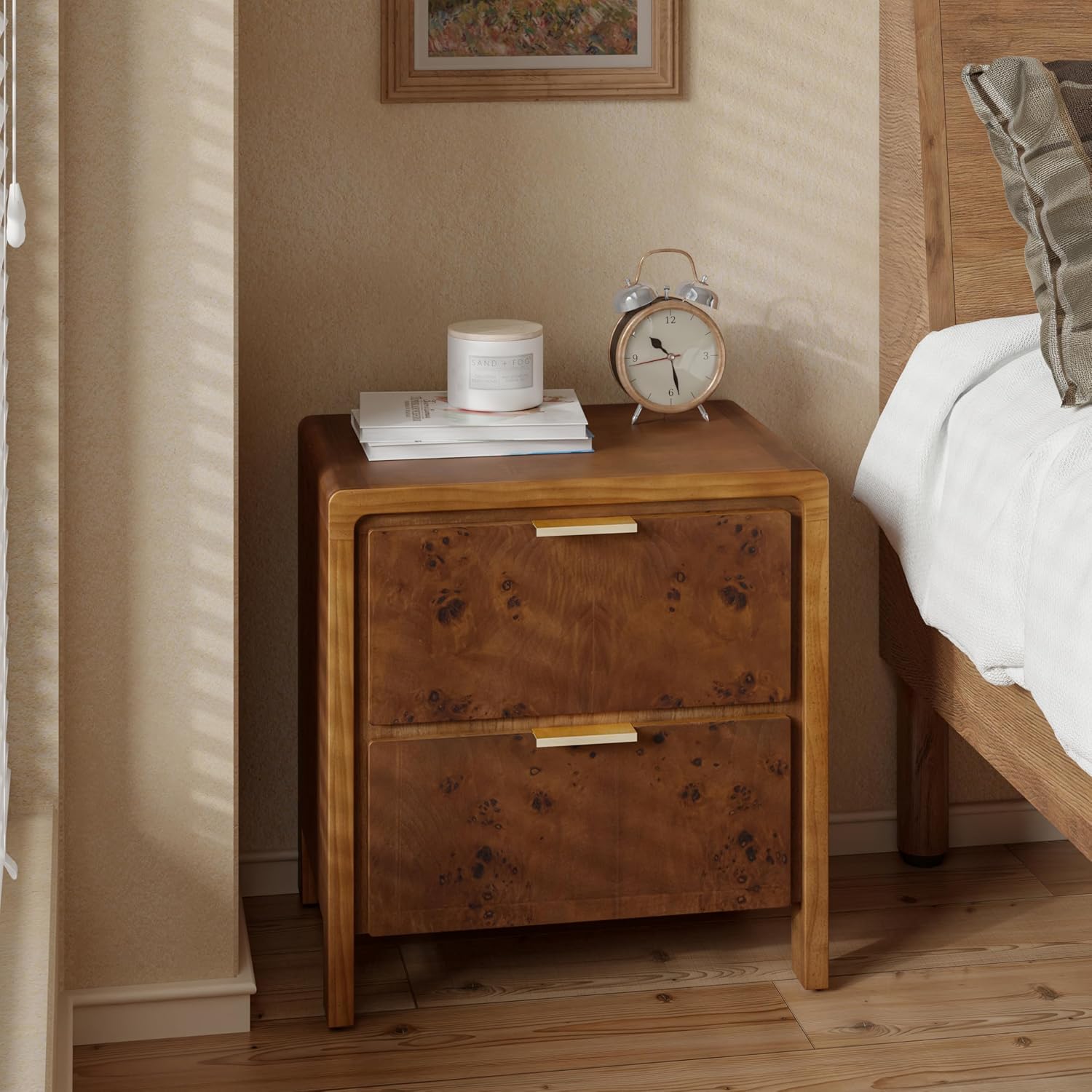 COZAYH Farmhouse Nightstand with 2 Drawer, Distressed Wood Rustic Accent Bedside Table, Burl Finish Side Table for Bedroom, Entryway, Fully Assembled, Brown