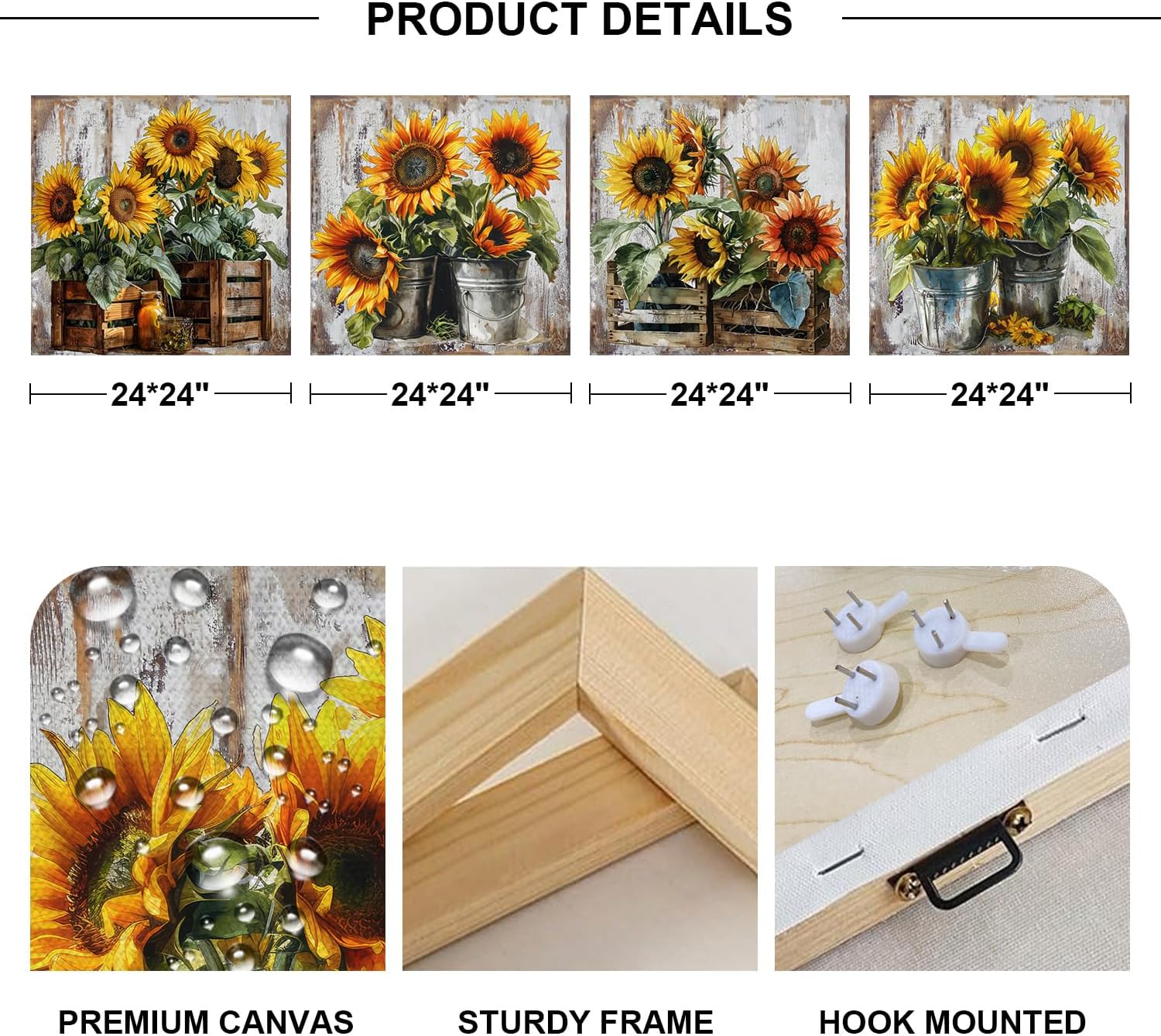Rustic Sunflower Canvas Wall Art Farmhouse Kitchen Wall Decor Dining Room Picture Vintage Bouquet Posters Prints for Wall Paintings Sunshine Floral Artwork Autumn Home Decorations 24x24' 4Pcs/Set