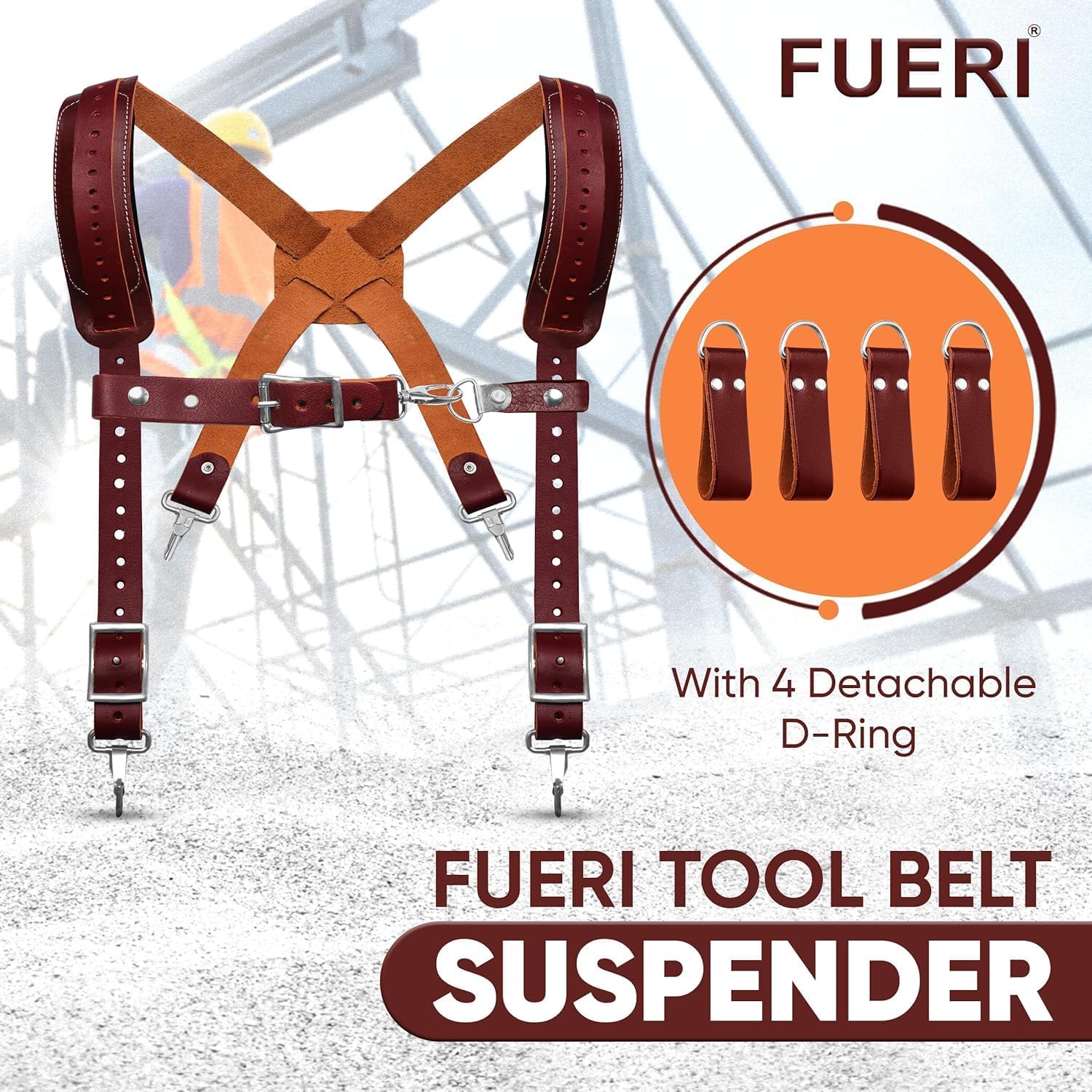 FUERI Leather Tool Belts with Suspender for Men, Heavy-Duty Durable Carpenter Tool Rig Organizer With 19 Pockets-2 Pouches, Padded Suspender, Hammer Holder, D-Loops & Foam-Padded Belt Electricians