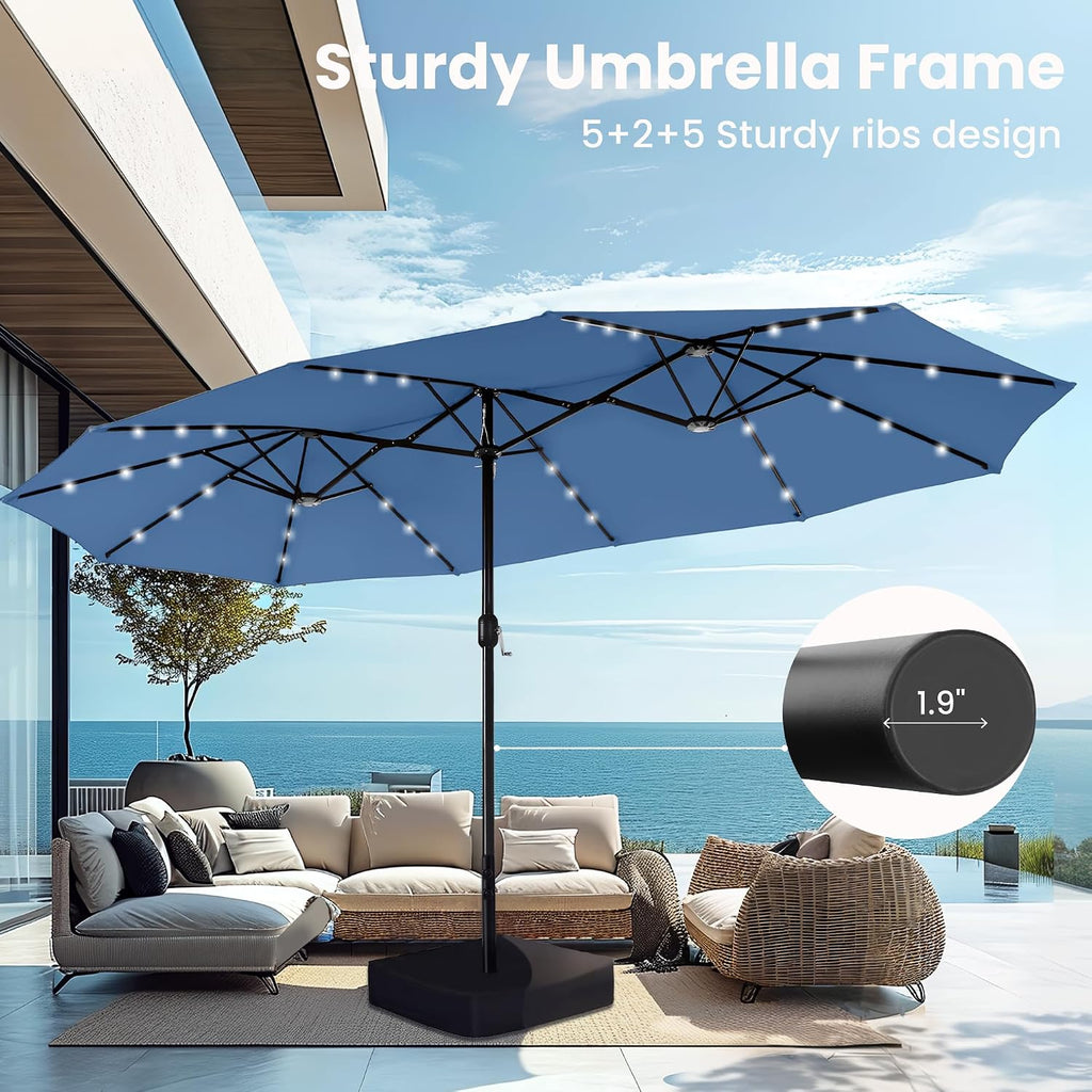 PHI VILLA 15ft Large Patio Umbrella with Solar Lights, Double-Sided Outdoor Market Rectangle Umbrellas with 36 LED Lights, Umbrella Base (Stand) Included, Haze Blue