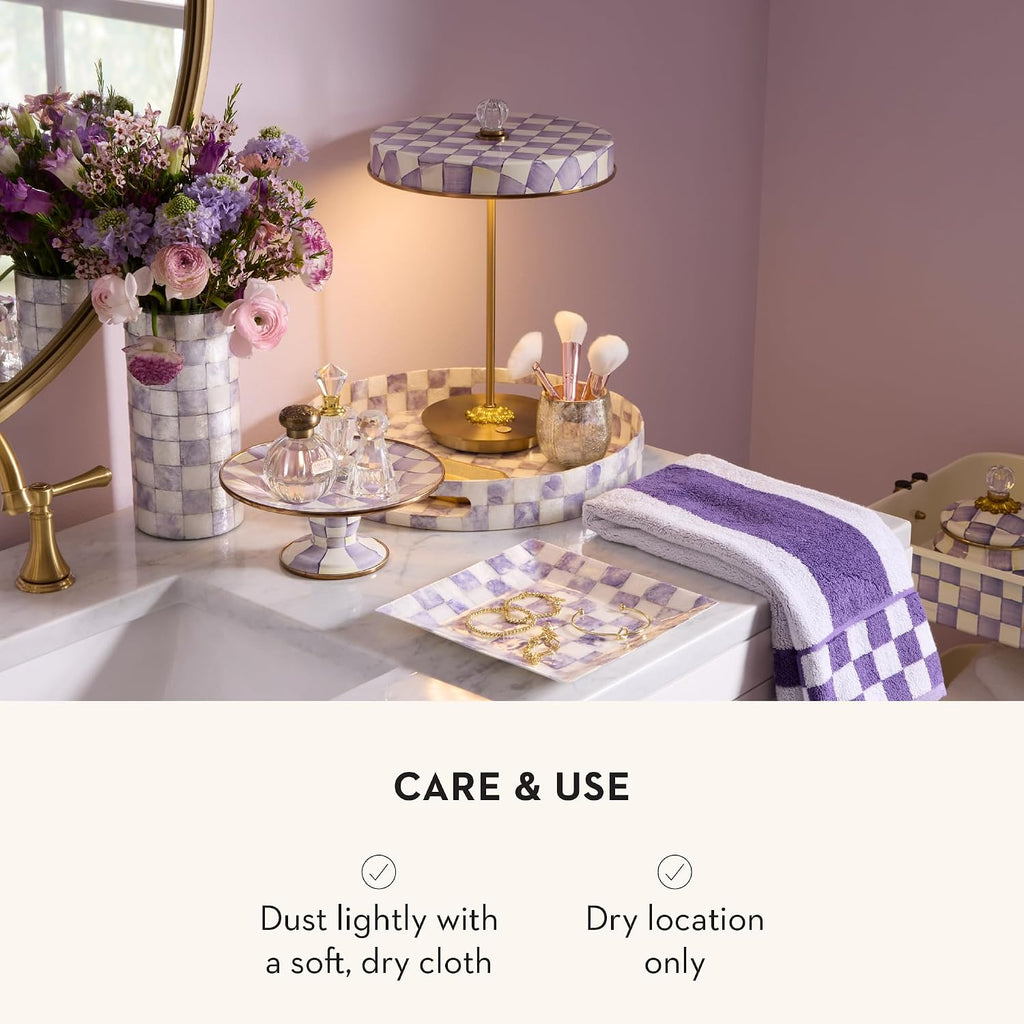 MACKENZIE-CHILDS LED Rechargeable Disk Table Lamp, Cordless Decorative Lamp, Purple-and-White Violet Check
