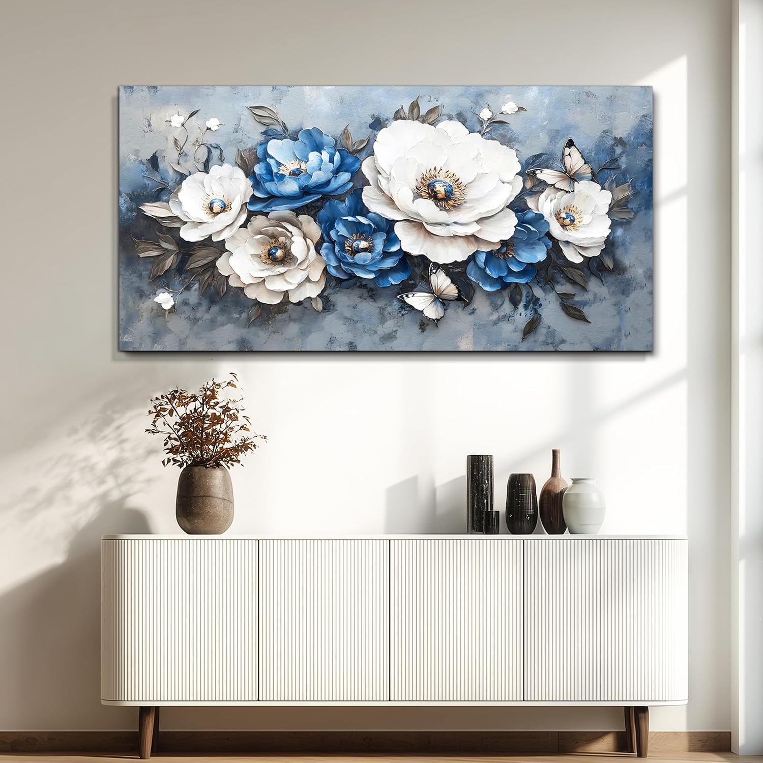 WLWBINTING Large Flower Pictures Wall Decor Vintage Floral Wall Art Floral Canvas Wall Art White Blue Floral Paintings Wall Decor Pictures Farmhouse Wall Art For Living Room Bedroom Office Home Decor