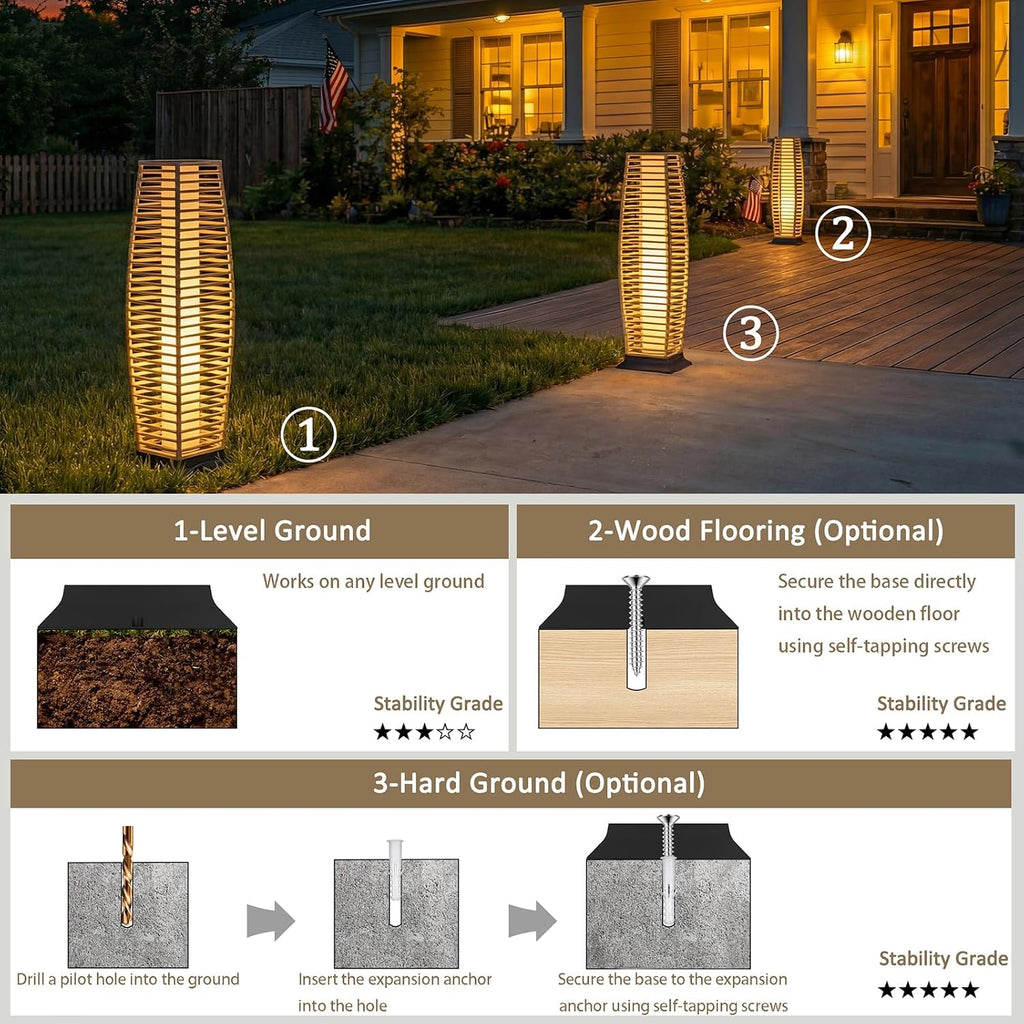Rattan Outdoor Floor Lamp Set of 2, Boho Solar Porch Lights Outdoor Waterproof for Patio, Garden, Balcony & Deck, Natural (Horizontal)