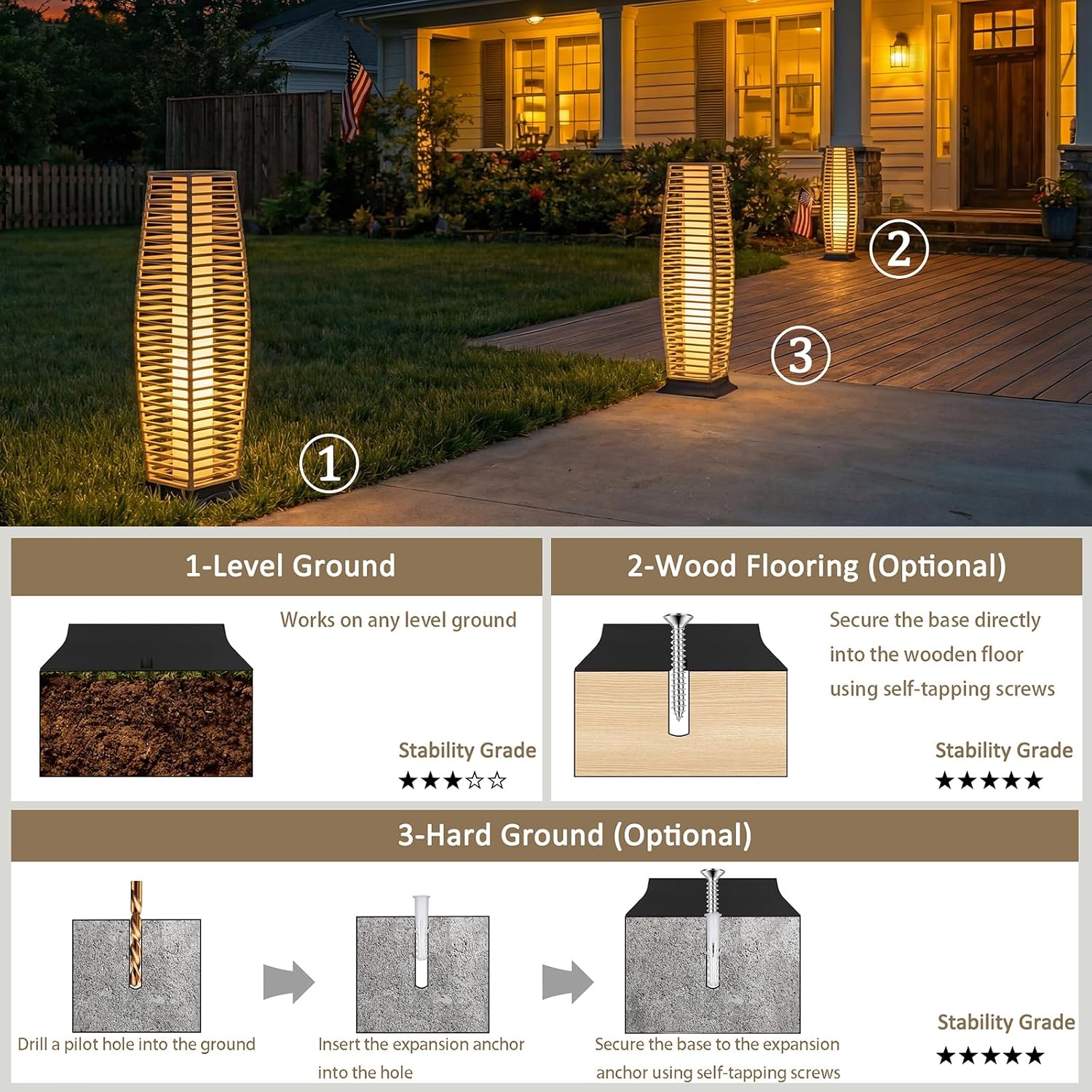 Rattan Outdoor Floor Lamp Set of 2, Boho Solar Porch Lights Outdoor Waterproof for Patio, Garden, Balcony & Deck, Natural (Horizontal)