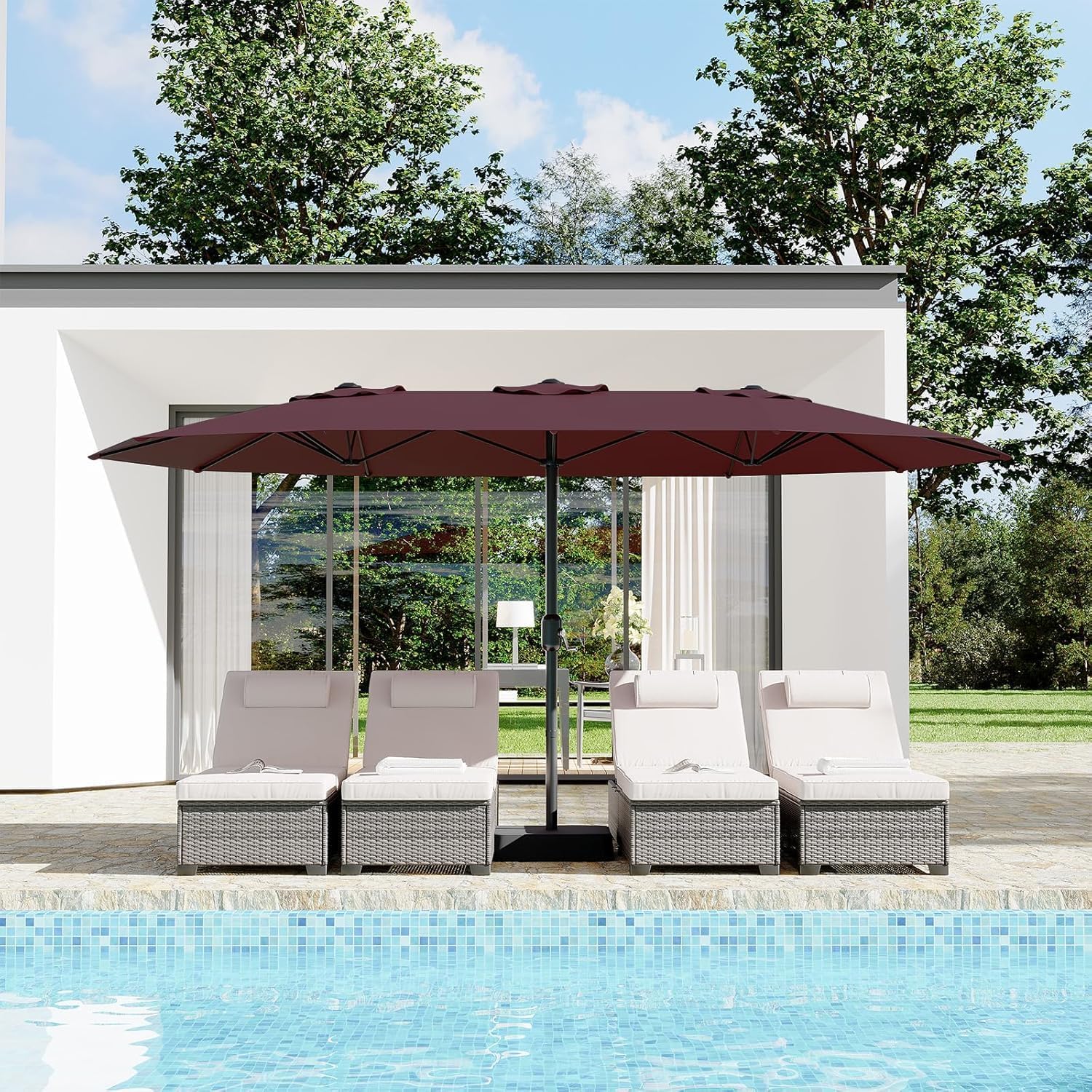 Garvee 15FT Rectangular Outdoor Umbrella Patio Umbrella with Base Included Large Market Umbrellas with Crank Handle UV Protection Table Umbrellas for Outdoor, Backyard, Deck, Poolside, Burgundy