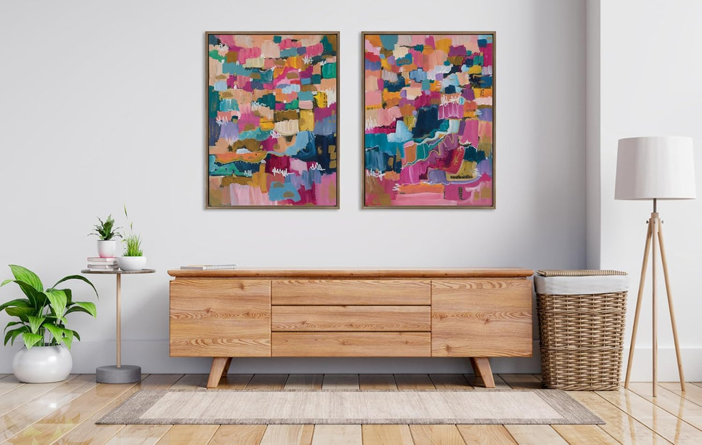 Kate and Laurel Sylvie Applause Framed Canvas Wall Art Set by Leah Nadeau; 2 Piece Set 28x38 Gold; Colorful Abstract Art Set for Wall