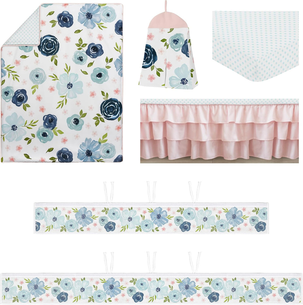 Sweet Jojo Designs Blush Pink Blue Boho Floral Girl Baby Crib Bedding Set Infant Nursery Room BreathableBaby Breathable Mesh Crib Liner Blanket Fitted Sheet Skirt 6p Bohemian Farmhouse Shabby Chic