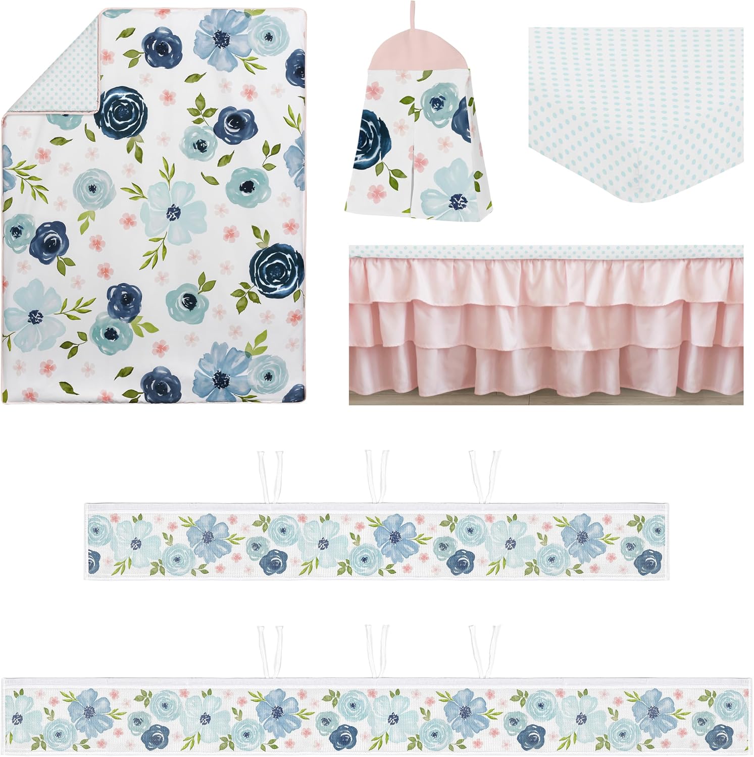 Sweet Jojo Designs Blush Pink Blue Boho Floral Girl Baby Crib Bedding Set Infant Nursery Room BreathableBaby Breathable Mesh Crib Liner Blanket Fitted Sheet Skirt 6p Bohemian Farmhouse Shabby Chic