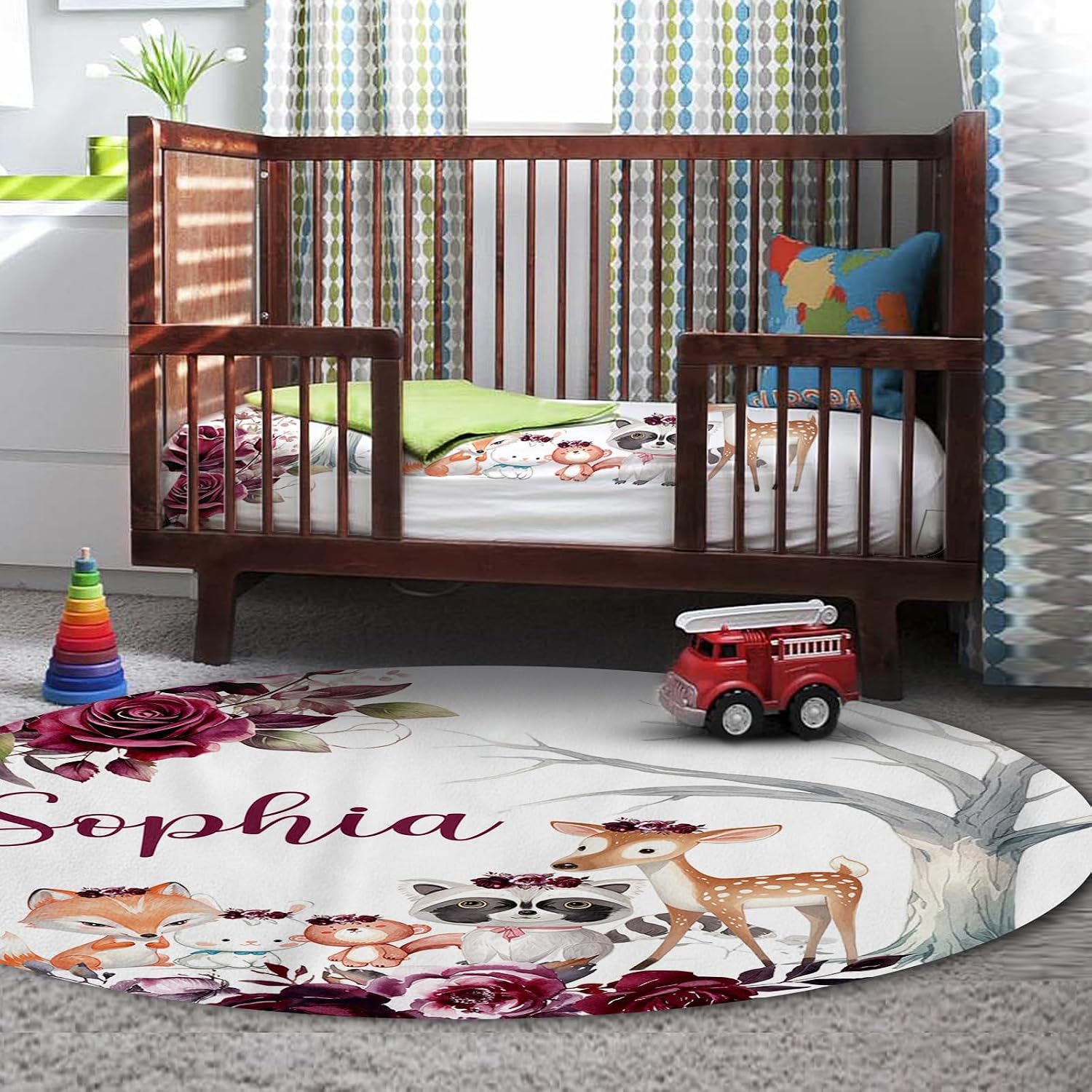 TOOTANN Custom Baby Crib Bedding Set, 5 Pcs Personalized Name Baby Crib Sheets for Kid Toddler Infant, Raccoons and Deer Nursery Bedding Set
