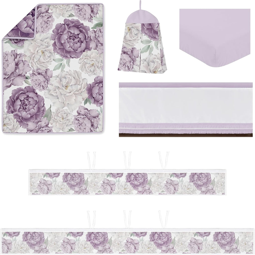 Sweet Jojo Designs Lavender Purple Boho Shabby Chic Floral Girl Baby Crib Bedding Set Infant Nursery Room BreathableBaby Breathable Mesh Crib Liner Blanket Fitted Sheet 6pc Bohemian Vintage Watercolor