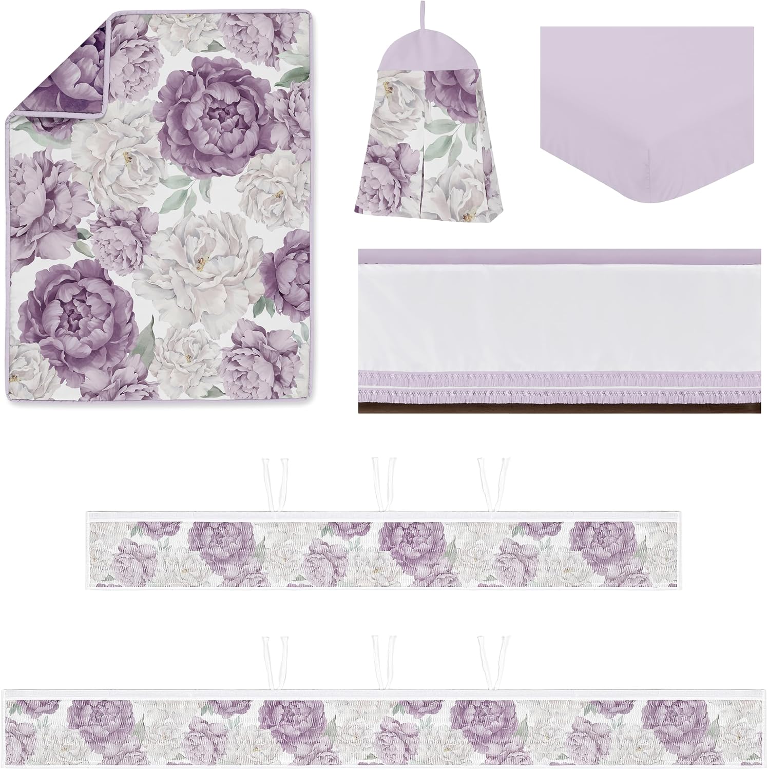 Sweet Jojo Designs Lavender Purple Boho Shabby Chic Floral Girl Baby Crib Bedding Set Infant Nursery Room BreathableBaby Breathable Mesh Crib Liner Blanket Fitted Sheet 6pc Bohemian Vintage Watercolor