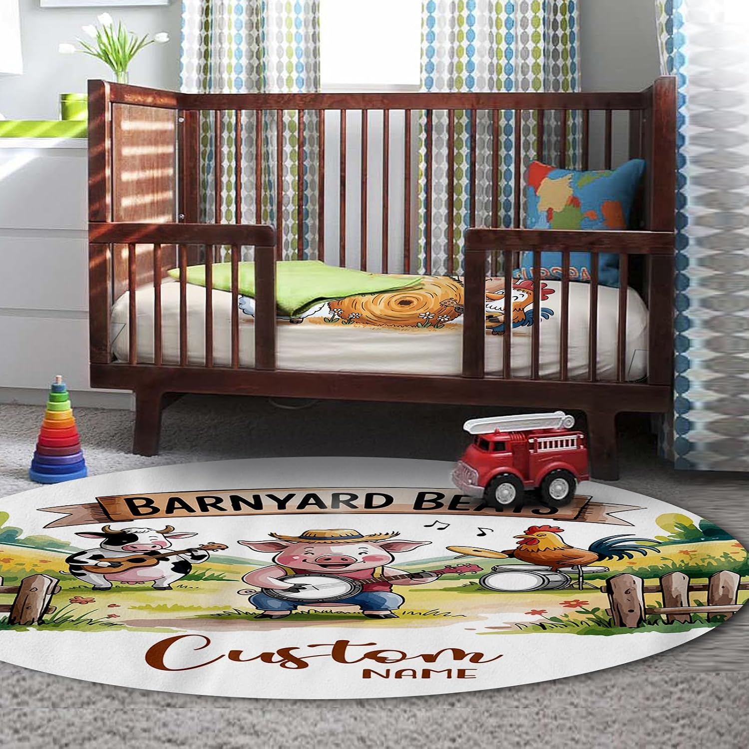Personalized Crib Bedding Set for Baby Boys Girls, Farm Animals Design Custom Name Baby Crib Sets 5-Pcs, Double Layer Baby Blanket Fitted Sheet Changing Pad Cover Rug Wall Art Set