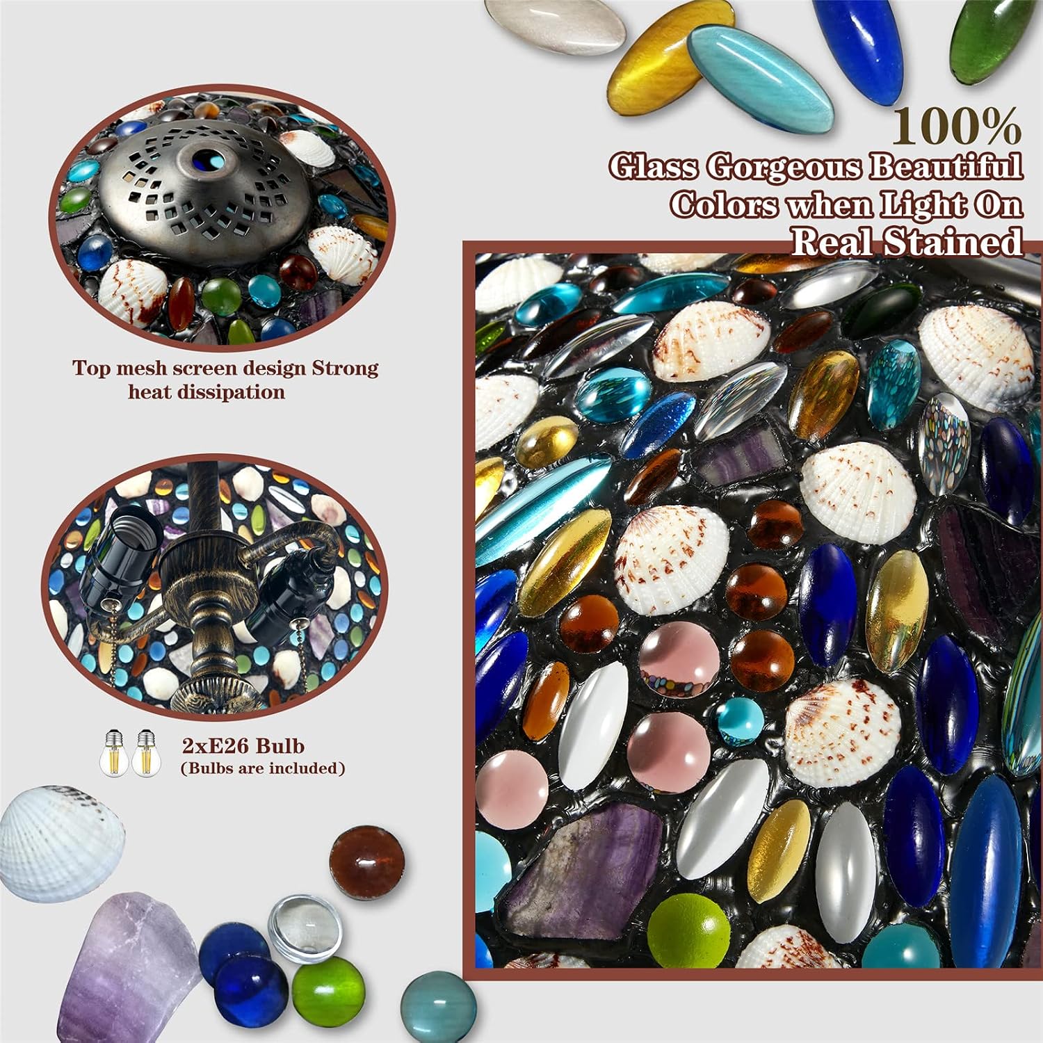 Tiffany Table Lamp,Stained Glass Lamp with Natural Shell,12' Vintage 2-Light Handmade Tiffany Style Lamp,Tiffany Bedside Light for Bedroom Living Room Office(2 LED Bulbs Included)