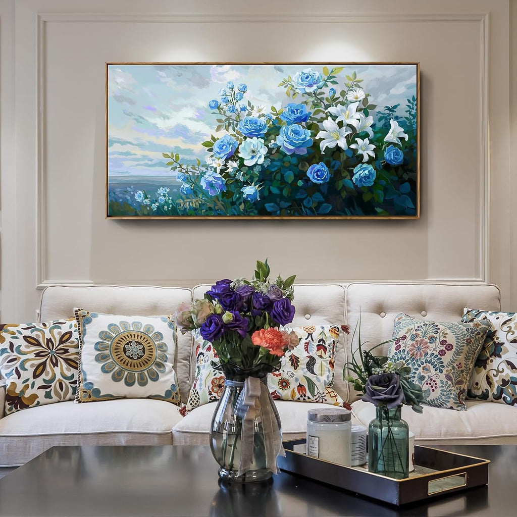 Framed Floral Wall Art for Bedroom Living Room – Blue and White Flowers Canvas Painting with Rustic Wood Frame – Botanical Artwork for Farmhouse & Cottage Décor 48x24 Inch