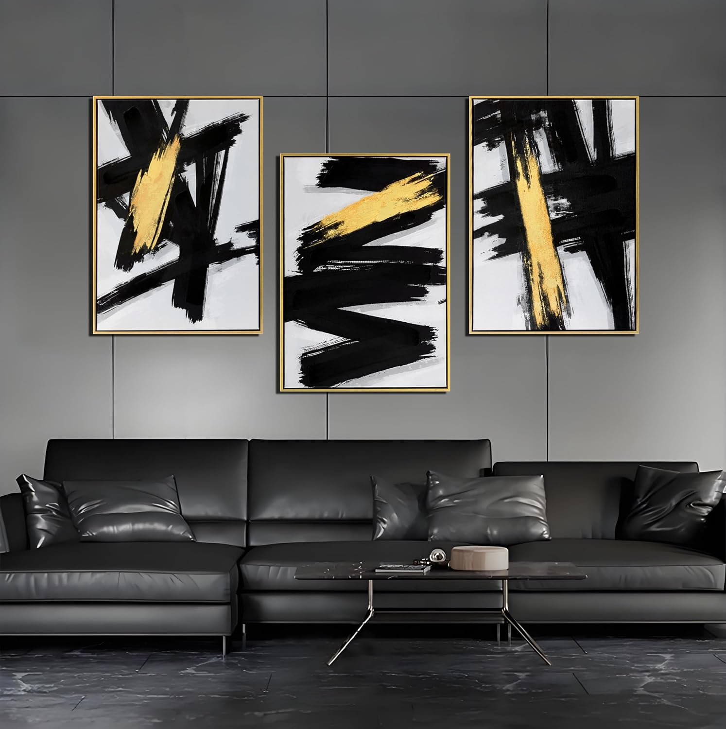 Sofoney - Gold Framed Black and Gold Abstract Wall Art 3D Textured Black and White Canvas Wall Decor with Gold Foil for Living Room Bedroom Office, Large 3 Piece Modern Home Decor, 20'x30'x3 Panels