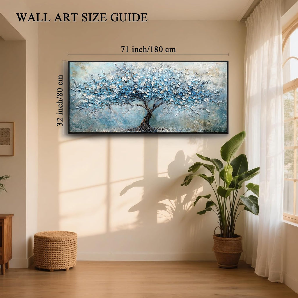 crmotu Tree of Life Wall Art, Large Wall Decor Living Room, Black Framed Wall Art, Cherry Blossom Tree Painting Prints, Modern Japanese Aesthetic Artwork, Blue Big Pictures for Office Hotel 32'x71'