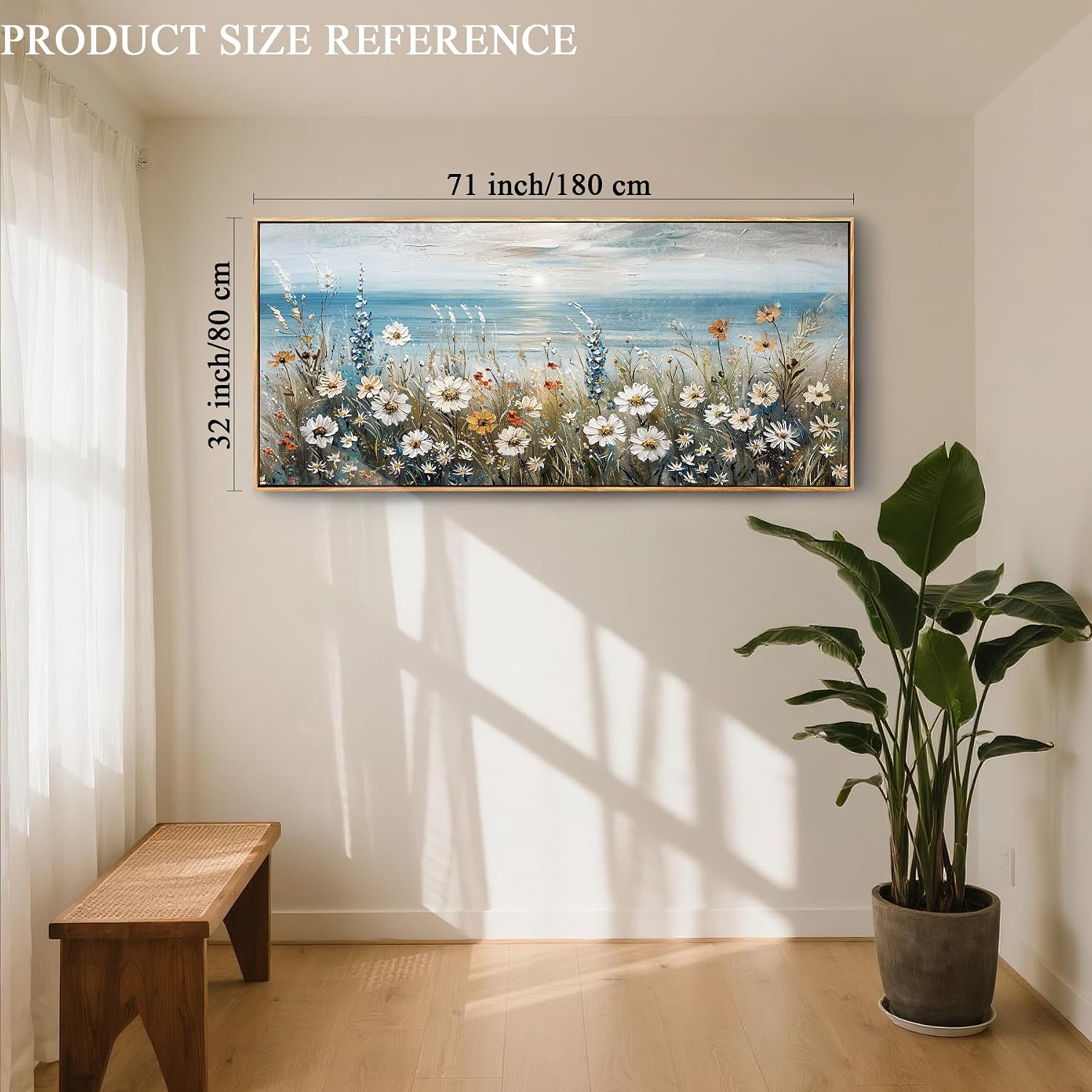 SERIMINO Floral Wall Decor, Extra Large Wall Art for Living Room, Coastal Wall Art, Framed Artwork for Walls, Sunrise Landscape Big Canvas Prints, Daisy Flower Painting Office Hotel Hallway 32'x71'