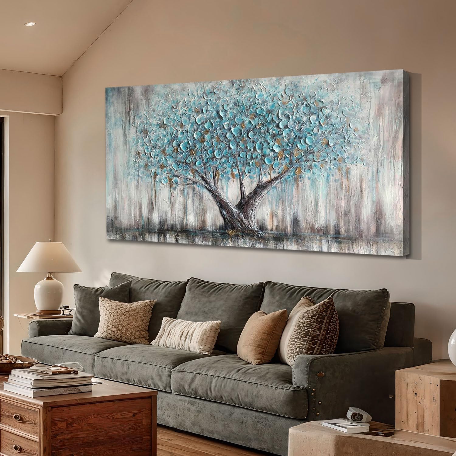 Arjun Tree Wall Art Canvas for Living Room Blue Tree of Life Nature Teal Abstract Textured Painting Picture Modern Panoramic Landscape Artwork Framed Bedroom Home Office Decor, Extra Large 58'x29'
