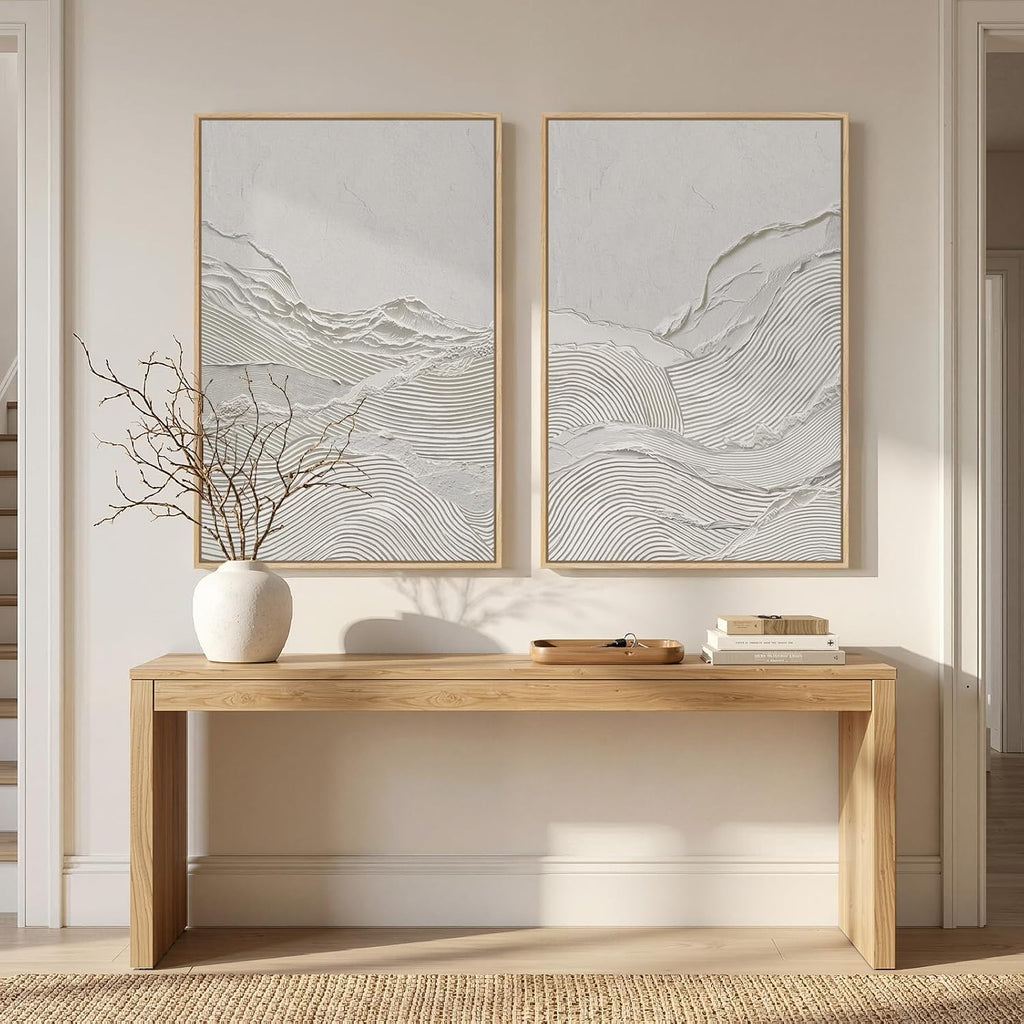 Large Framed White Abstract Wall Art Set of 2 for Living Room, Neutral Minimalist Modern Print Canvas Artwork for Walls, Contemporary Abstract 2D Wall Decor for Bedroom Office Hallway, 24x36 In