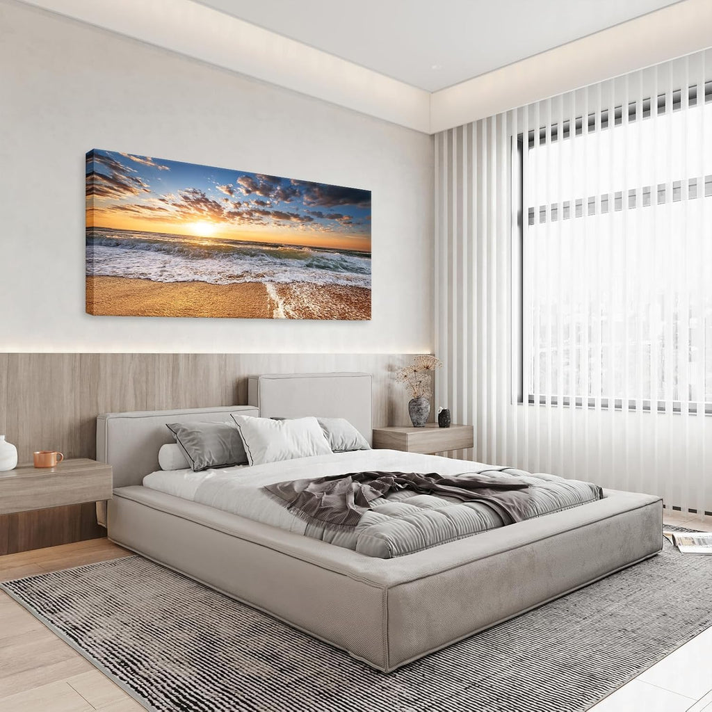Jiuqinghua Wall Art Decor Large Canvas Print Picture Sunrise over the Sea 1 Panel Ocean Beach Waves Scenery Painting Artwork for Office Wall Decor Home Decoration Stretched and Framed Ready to Hang