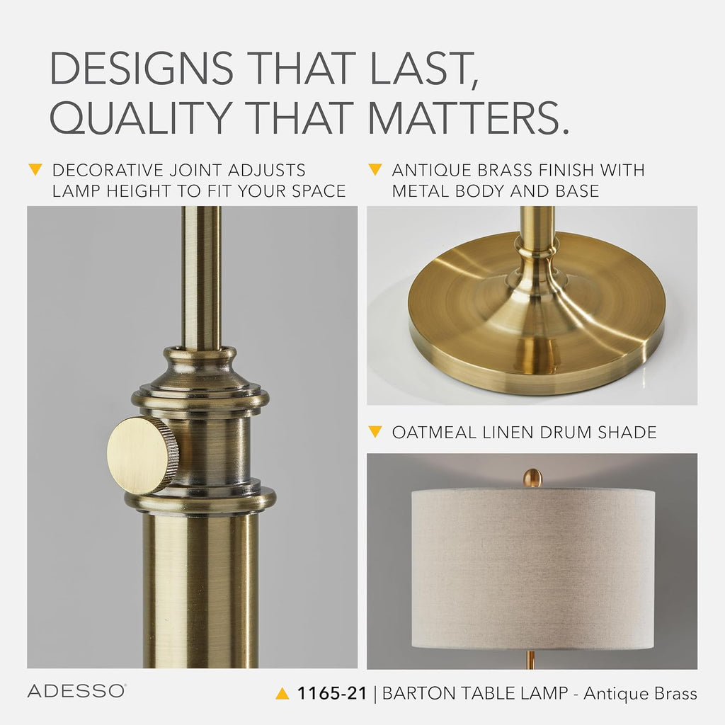 Adesso Antique Brass Table Lamp with Oatmeal Linen Shade – Adjustable Height Accent Light for Bedroom, Living Room, or Home Office, up to 34' Tall
