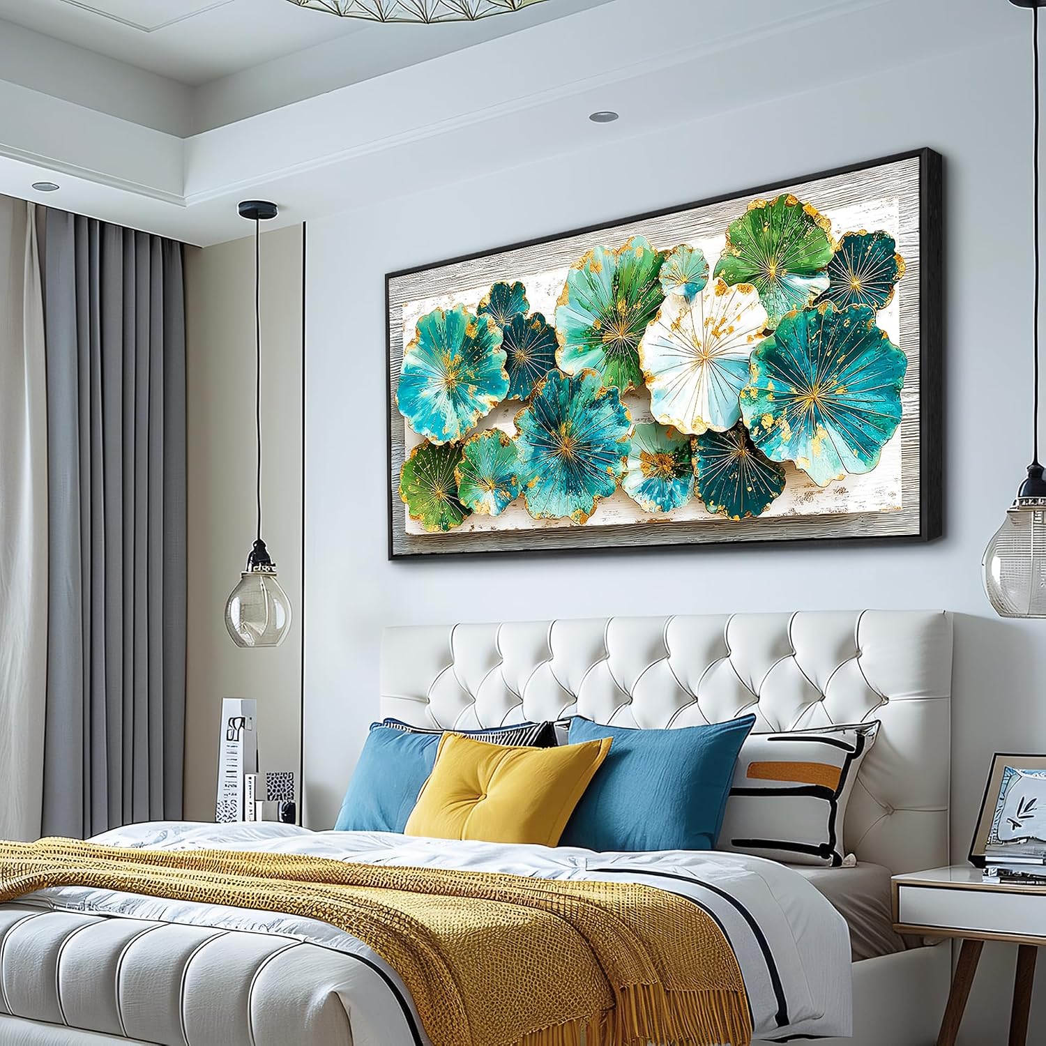 XIGUANGART Lotus leaf Large Wall Art for Living Room Texture Wall Decor Green Floral Abstract Pictures Framed Artwork for Walls Canvas Print Painting for Bedroom Nature Rustic Home Decoration 30x60