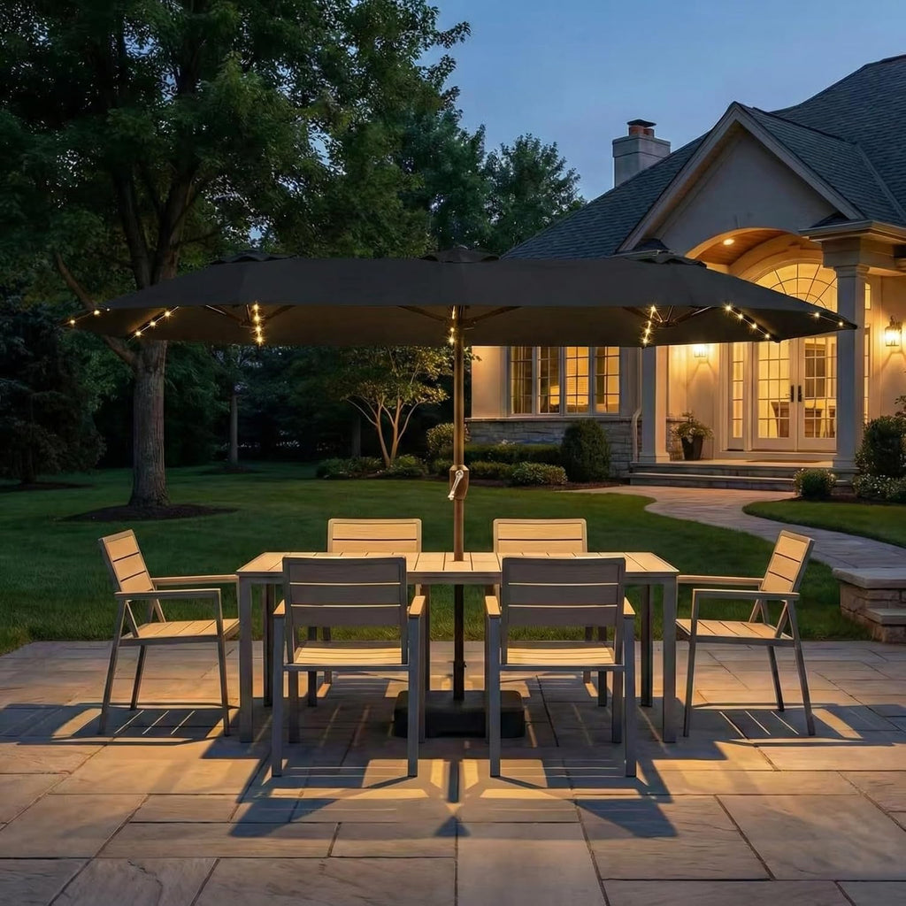 Kingdura 15ft Large Patio Umbrella with Solar Lights, Double-Sided Rectangle Lighted Outdoor Table Umbrella with Base Included, 12 Reinforced Ribs, 48 Led Lights, Crank Lift for Market Pool Deck Backyard, Black