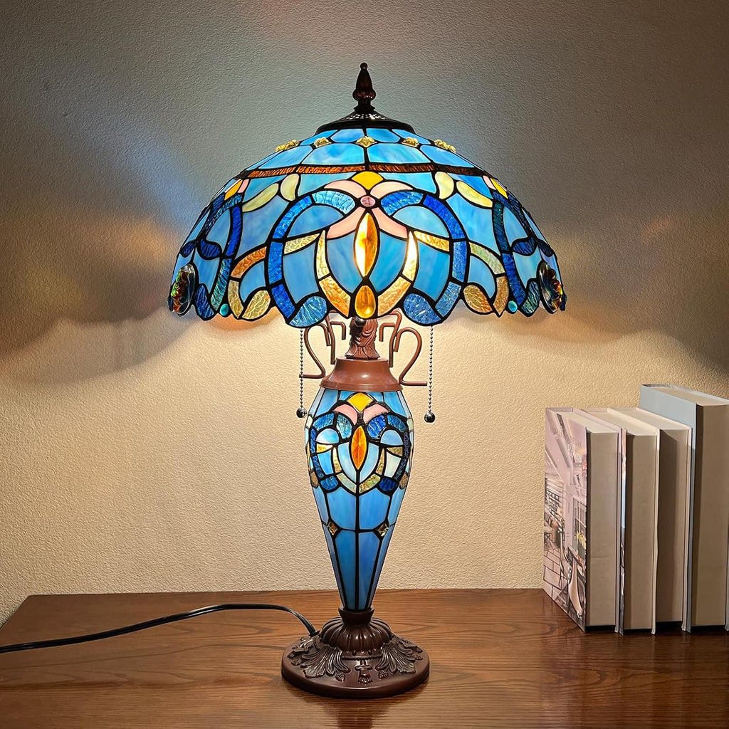Capulina Tiffany Lamp Stained Glass Table Lamp 3-Light 16x16x24 Inches Blue Brown Style Mother-Daughter Vase Desk Lamp for Bedrooms Living Room Study Home Office