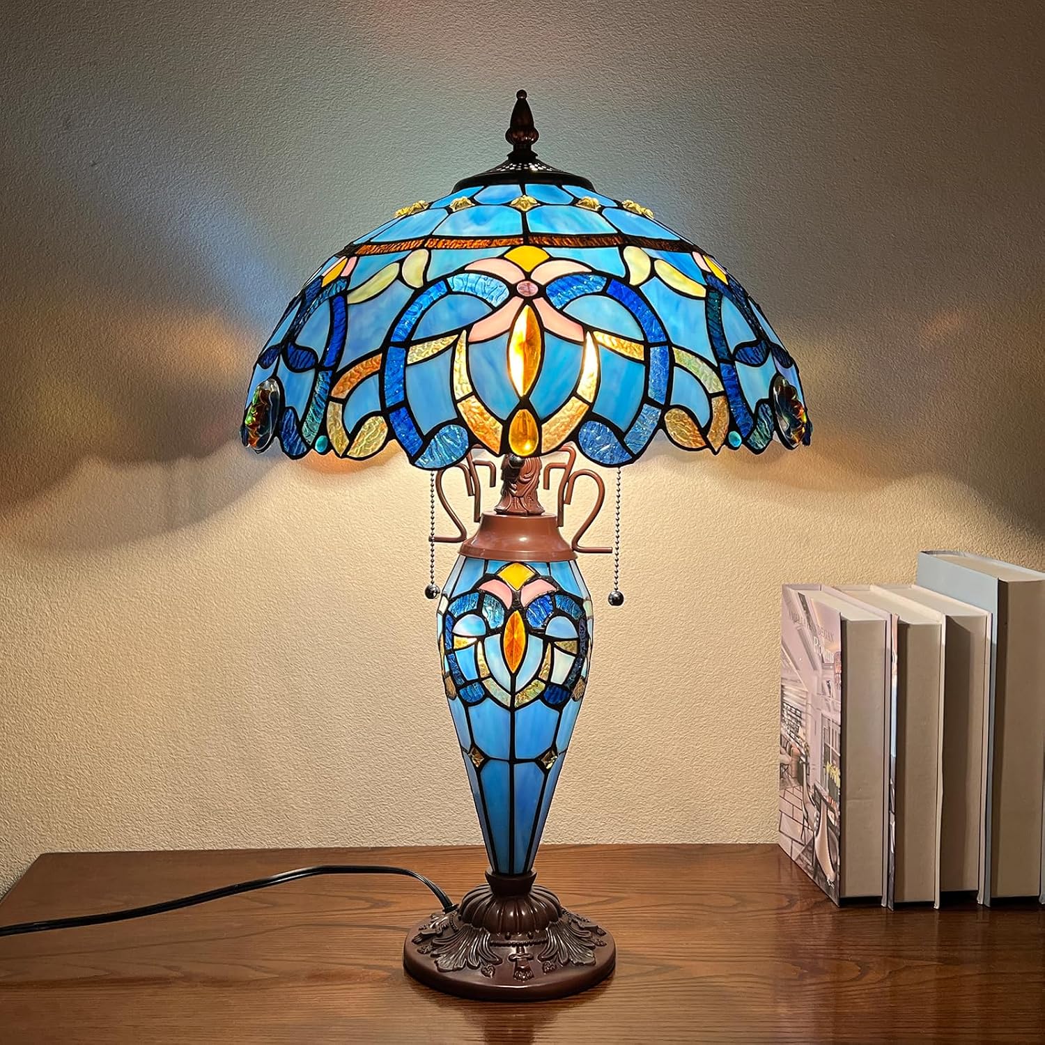 Capulina Tiffany Lamp Stained Glass Table Lamp 3-Light 16x16x24 Inches Blue Brown Style Mother-Daughter Vase Desk Lamp for Bedrooms Living Room Study Home Office