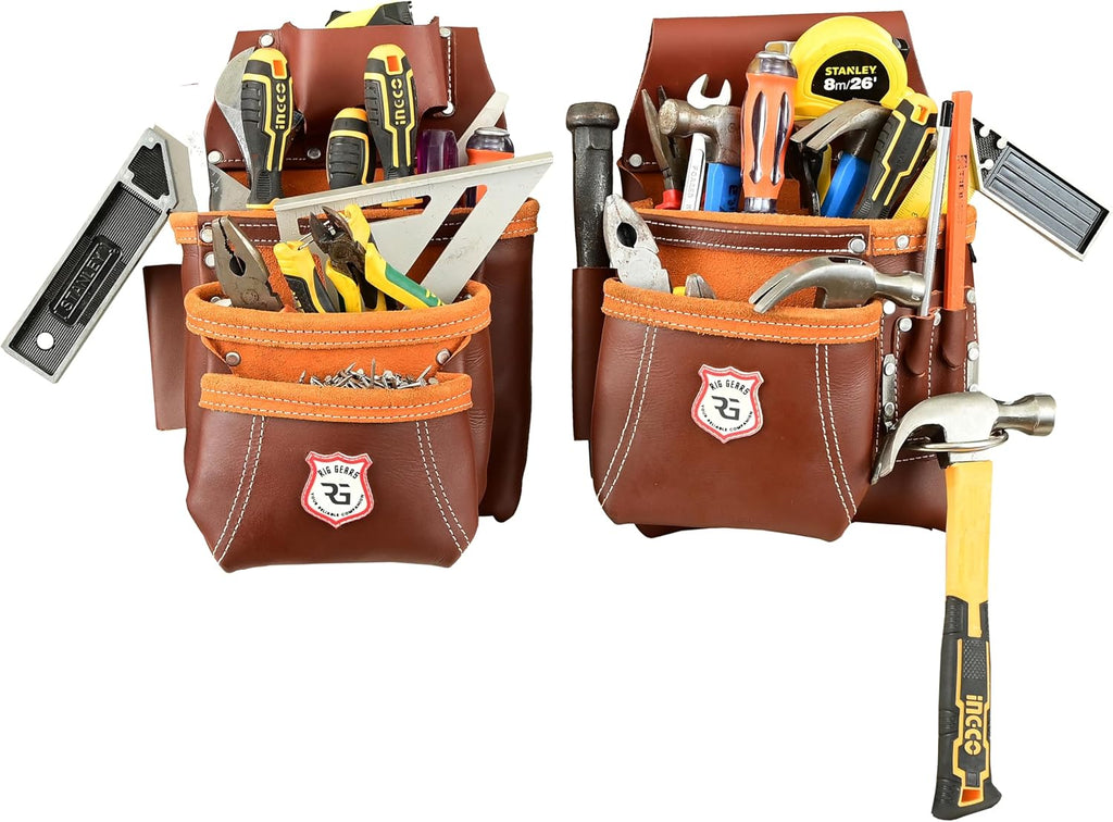 Heavy Duty 17 Pocket Carpenter Leather Tool Belt Set | Combo Multipurpose Framing Tool Belt Work Organizer Bags | Tool Belts For Men Construction Tools Rigs (Maroon, Standard)