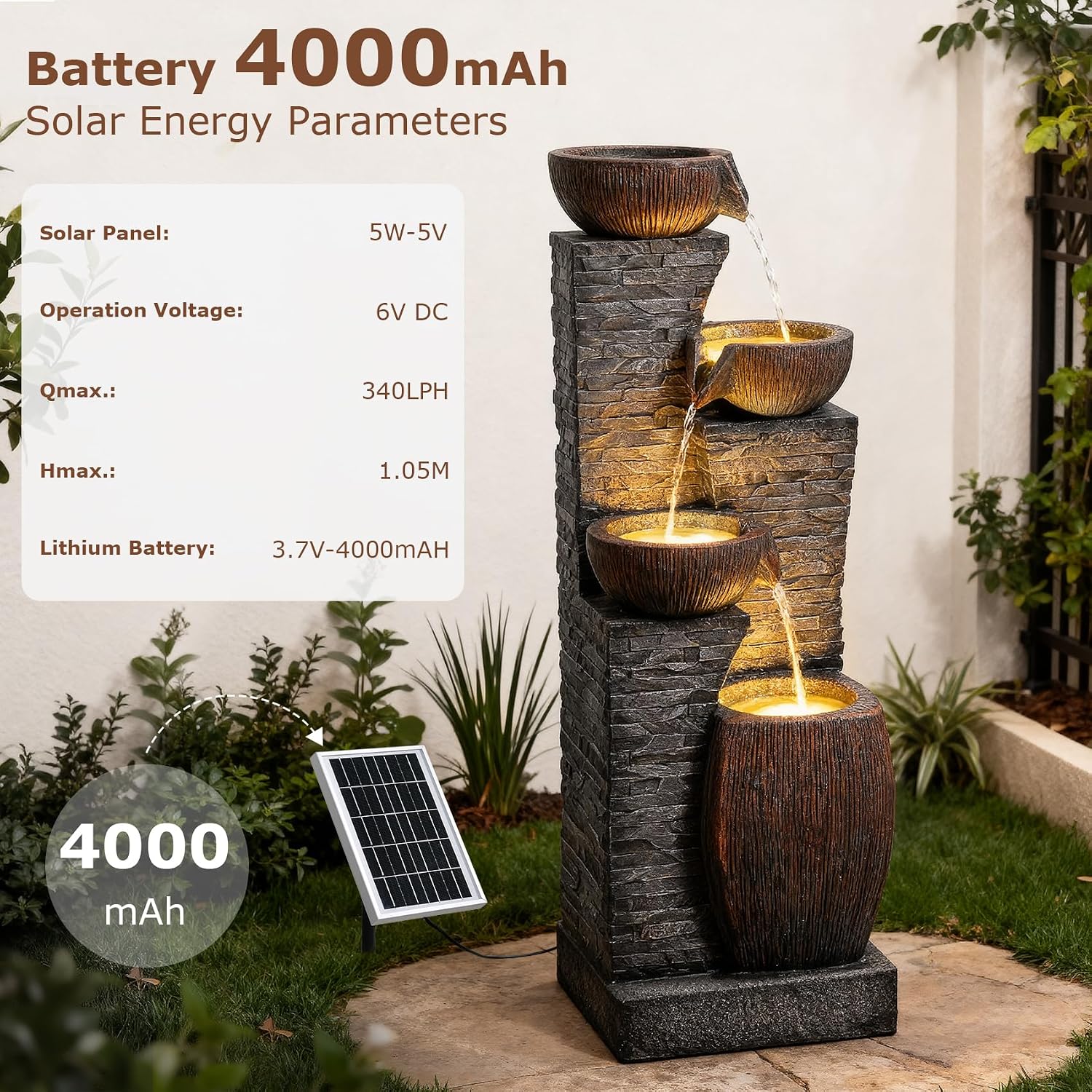 38.2' Tall Solar Water Fountain Outdoor Garden,4 Tiers Modern Cascading Bowls and Stacked Stones Solar Powered Fountains with LED Lights for Garden, Patio, Deck, Porch, Backyard, Lawns
